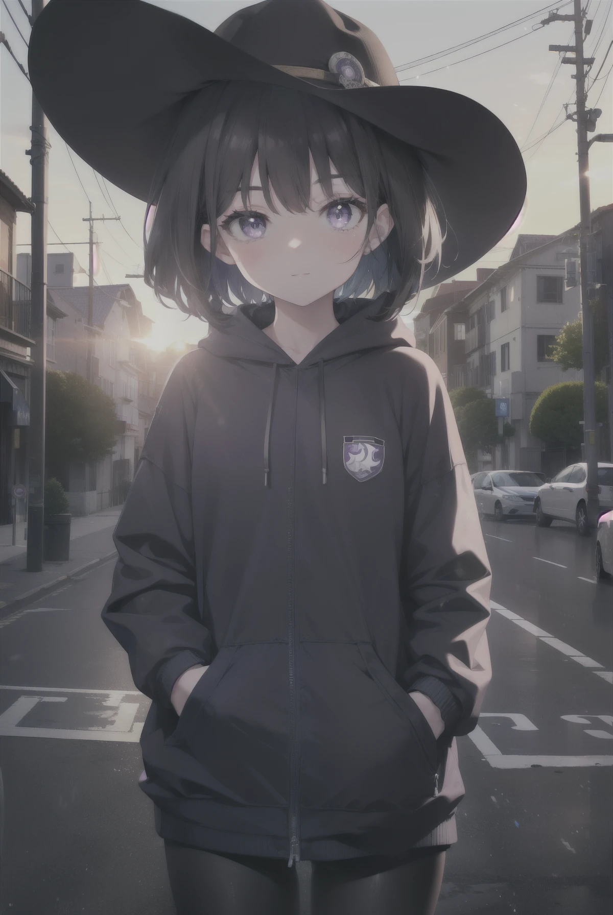 Takiuchi Kame, check it out, short hair, bangs, black hair, (purple eyes:1.2),blush,smile,happy atmosphere,Blue hoodie,Wearing a baseball hat and putting the hood up over it,short denim pants,black pantyhose,short boots,evening,sunset,the sun is setting,Both hands are in the pockets of the hoodie,
break outdoors, In town,building street,
break looking at viewer, (cowboy shot:1.5),
break (masterpiece:1.2), highest quality, High resolution, unity 8k wallpaper, (figure:0.8), (detailed and beautiful eyes:1.6), highly detailed face, perfect lighting, Very detailed CG, (perfect hands, perfect anatomy),