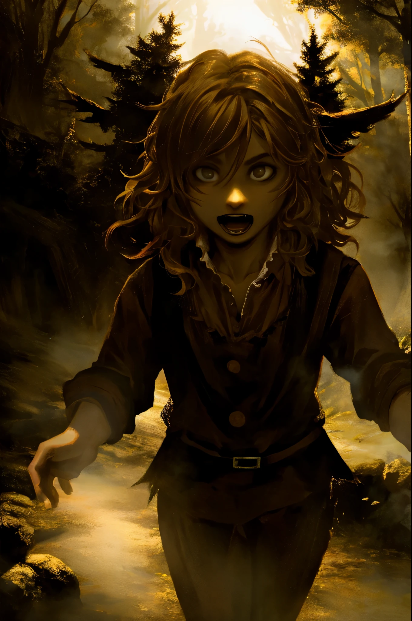 cover page, highres, paid reward available, unparalleled masterpiece, terrifying tale, Hansel and Gretel perfect anatomy, good lighting, volumetric lighting, cinematic shadow,