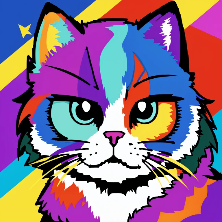 （highest quality），Pixel art，Cat，emotion，the background is magnificent，Colorful fur，bold color pattern，One animal，pop，future，Anime-like expression，rainbow