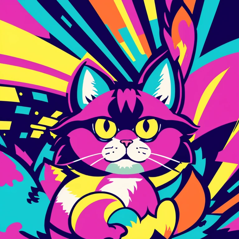 （highest quality），Pixel art，Cat，emotion，the background is magnificent，Colorful fur，bold color pattern，One animal，pop，future，Anime-like expression，rainbow