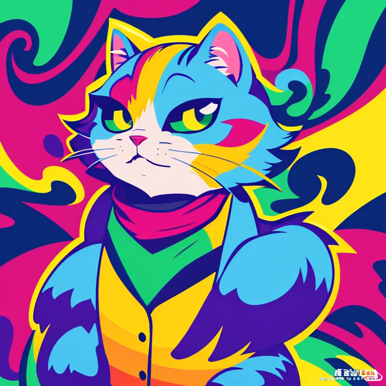 （highest quality），Pixel art，Cat，emotion，the background is magnificent，Colorful fur，bold color pattern，One animal，pop，future，Anime-like expression，rainbow