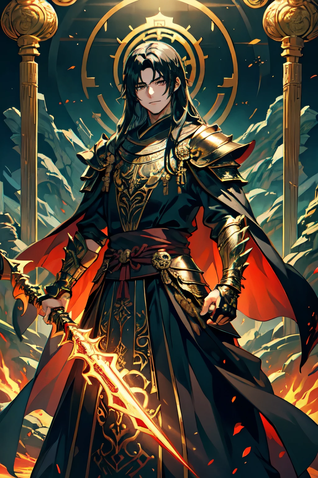 masterpiece, best quality, 8k, crazy details, intricate details, ultra detailed, ultra quality, high detail, ultra detailed, 1 boy, armor, black armor, black fire background,black cloak, cloak, Shut up, colorful sclera, silver halo, evil smile, ash, fire,grey, fire, dark, blood, decoration, full body, gloves, glowing, glowing eyes, holding jewelry, long hair, looking at the viewer, Male focus, black eyes, shoulder armor, smile, solo, spikes, standing, teeth, torn cloak, torn clothes, transparent background, weapons, black hair, normal hands, 5 fingers on each hand,Chinese-style clothing,Chinese pattern