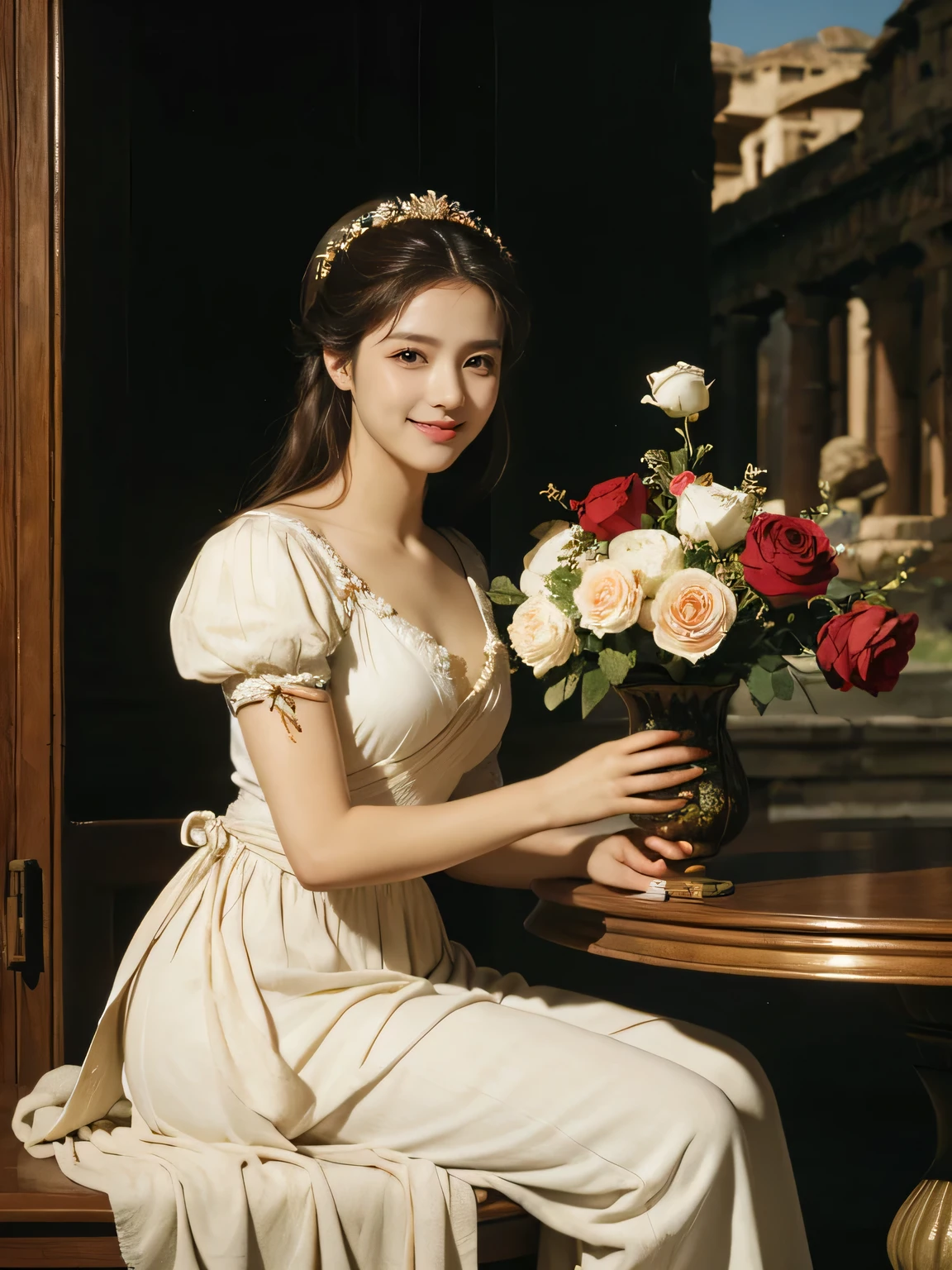 Raffaello Santi painting style,Arguments of two female 、roses in vase、fruits、Cute trinkets、smile、ancient greek costume、Woman standing on ancient Roman ruins ,A big smileare skin,