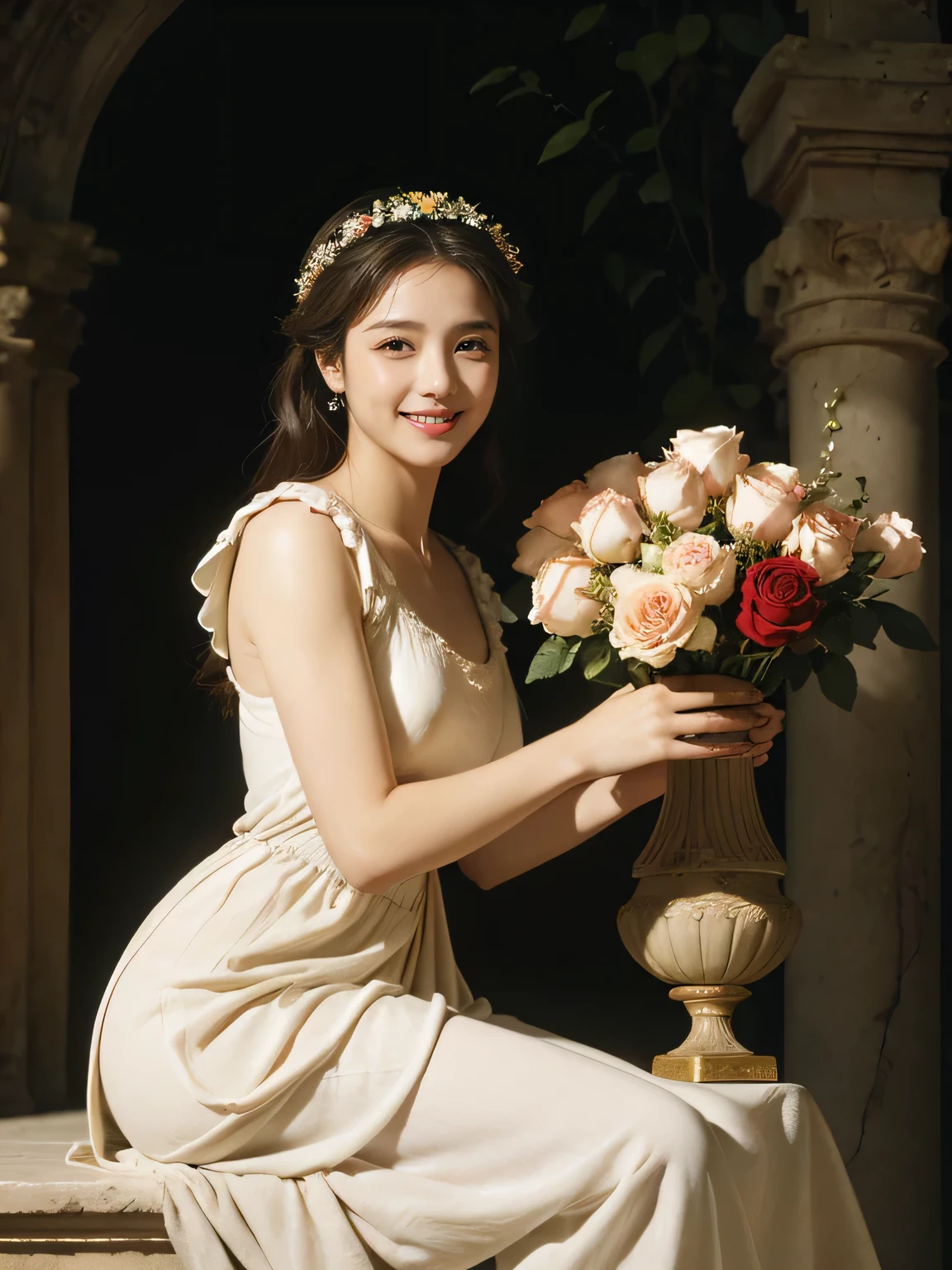 Raffaello Santi painting style,Arguments of two female 、roses in vase、fruits、Cute trinkets、smile、ancient greek costume、Woman standing on ancient Roman ruins ,A big smileare skin,