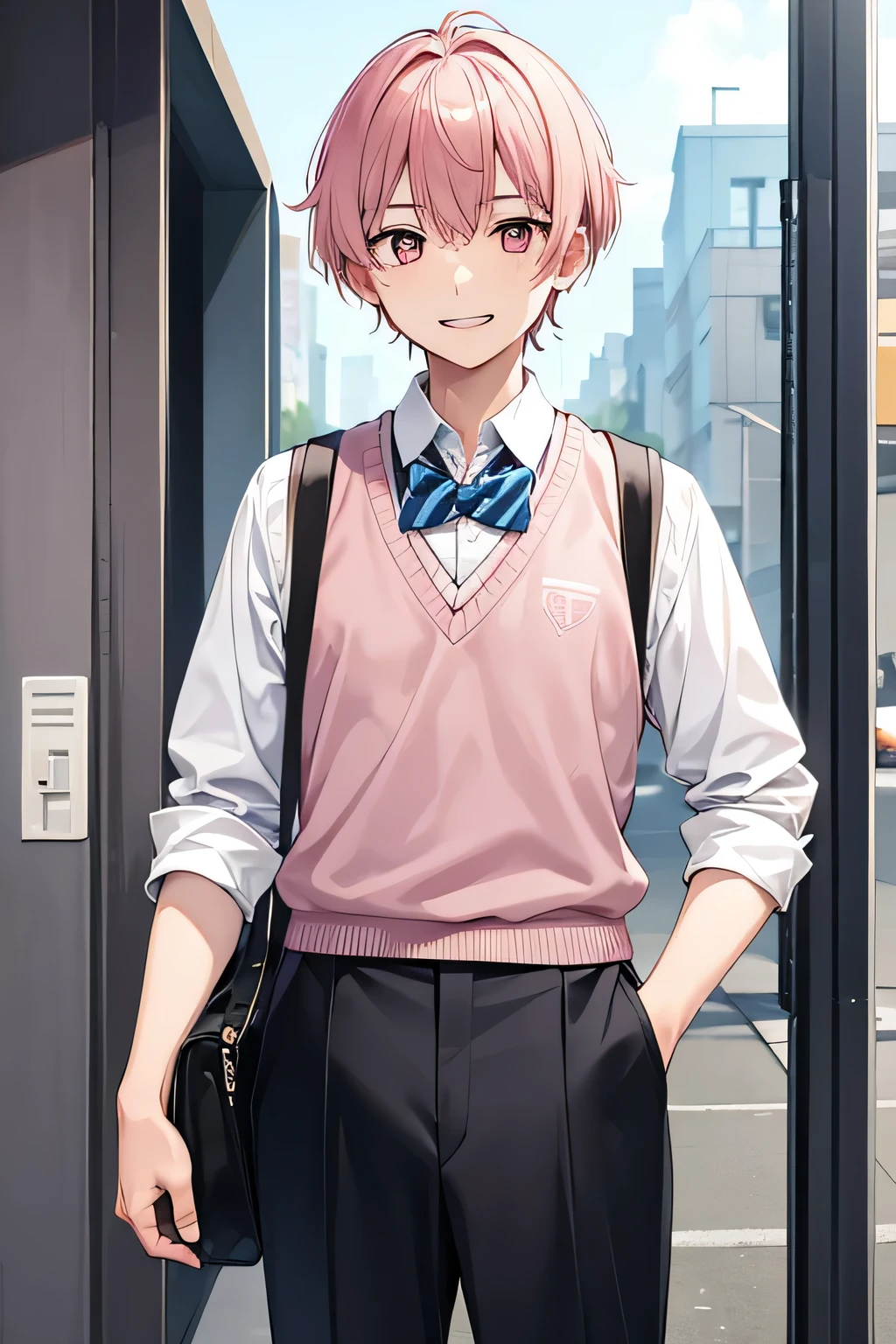17-year-old Japanese teenager , member of the idol group I-(CG) , short pink hair, pink eyes, fair skin, 177cm tall and wears his school uniform of an open blazer, sweater vest, and black pants paired with loafers, smile