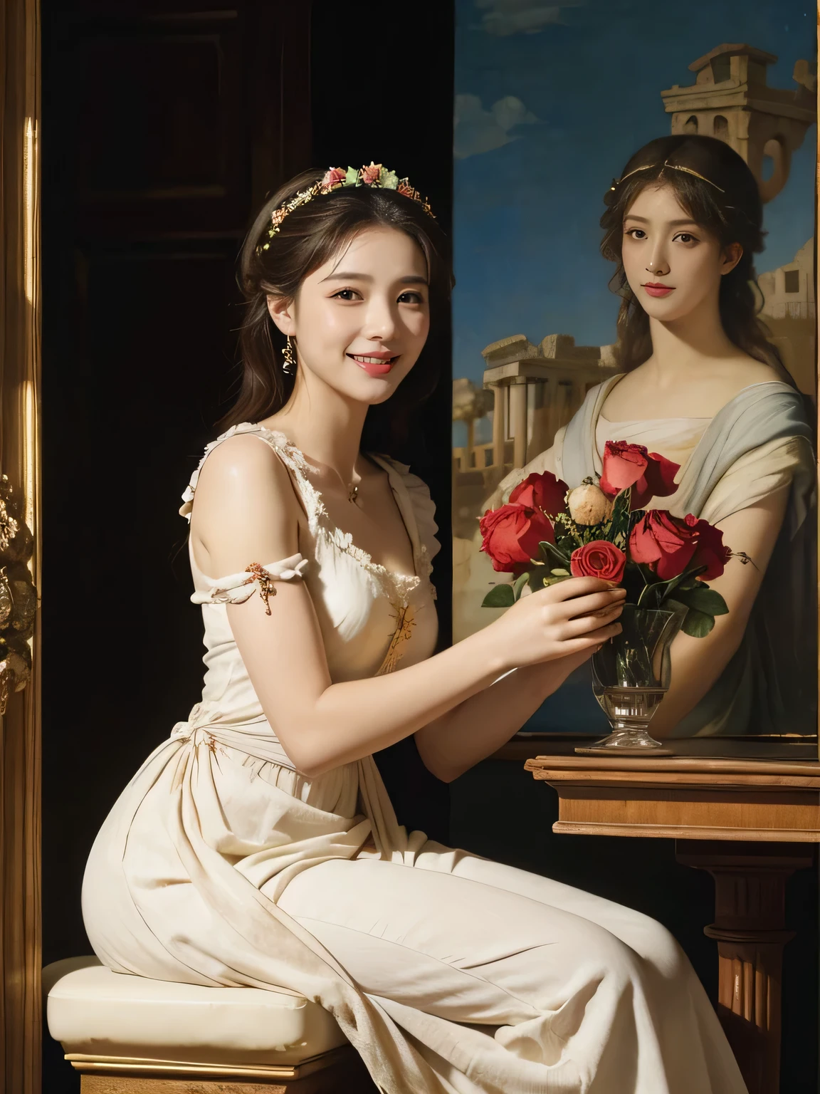 Raffaello Santi painting style,Arguments of two female 、roses in vase、fruits、Cute trinkets、smile、ancient greek costume、Woman standing on ancient Roman ruins ,A big smileare skin,