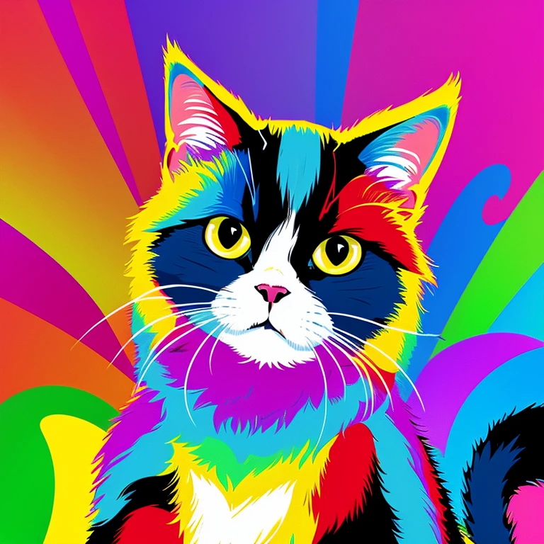 Pixel art，Cat，anger，the background is magnificent，Colorful fur，bold color pattern，One animal，miracle，future map