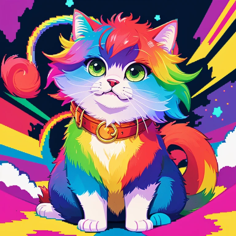 （highest quality），Pixel art，Cat，emotion，the background is magnificent，Colorful fur，bold color pattern，One animal，pop，future，Anime-like expression，rainbow