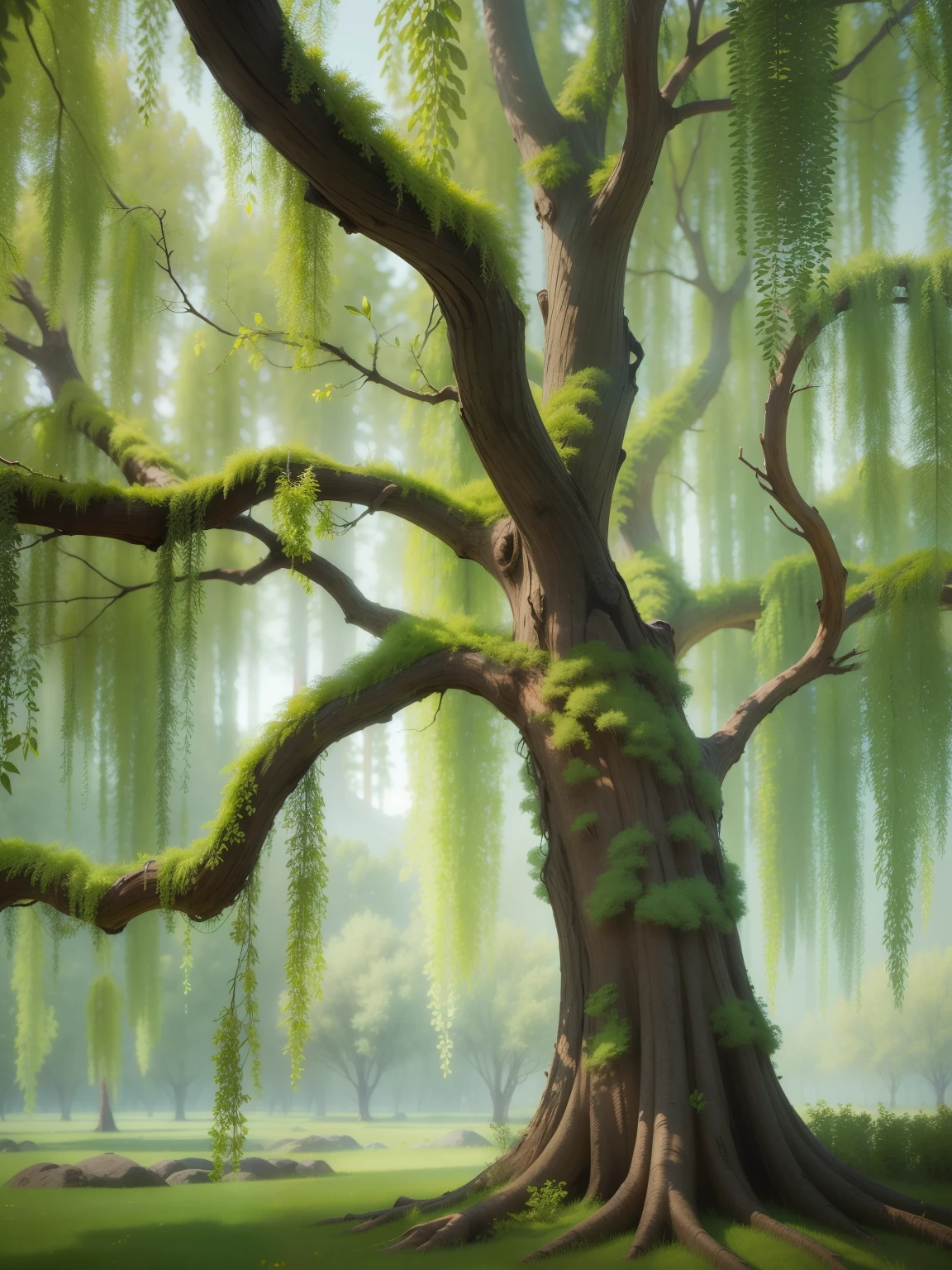 Willow forest,Willow trees are placed on both sides of the picture,Highlight willow tree,Have a macro perspective