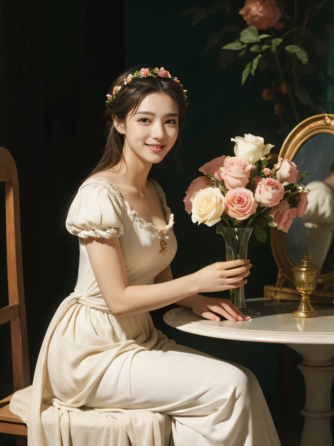 Raffaello Santi painting style,Arguments of two female 、roses in vase、fruits、Cute trinkets、smile、ancient greek costume、Woman standing on ancient Roman ruins ,A big smileare skin,