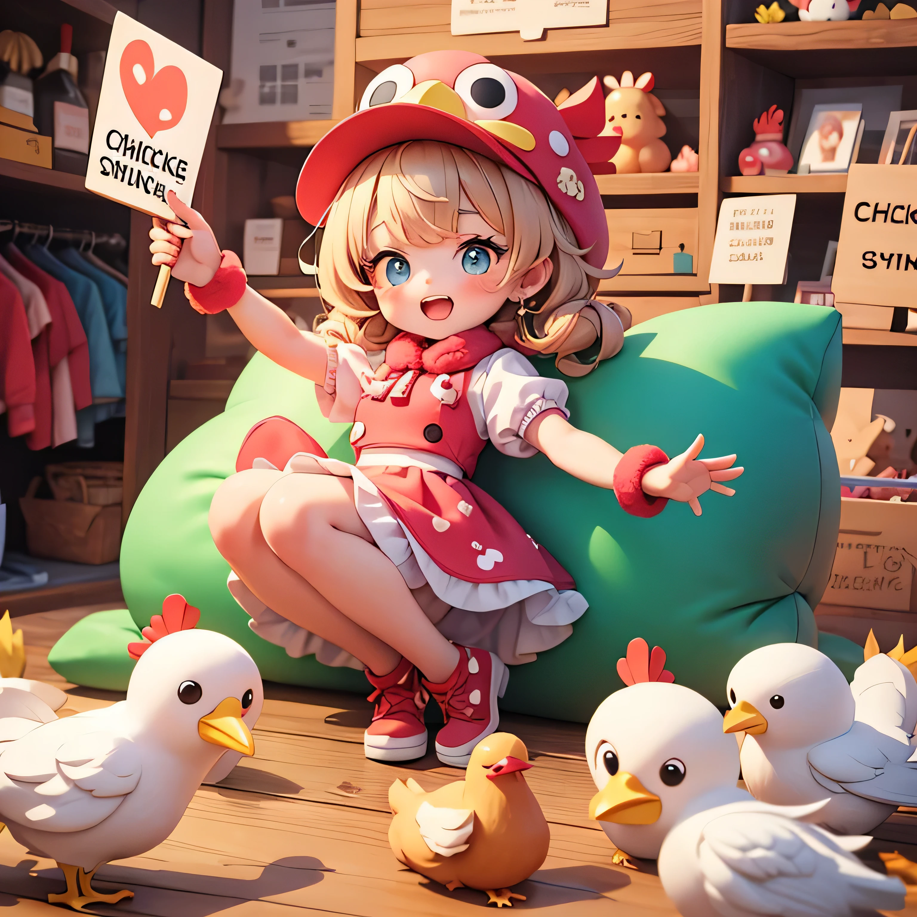 Cartoon holding up a sign saying love, cartoon girl in a chicken costume with a hat and a hand,