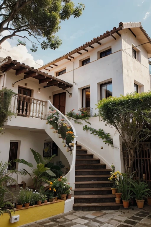 casa dos plantas con escaleras y un jandin con muchas flores y un preciso arbol un sol radiante lo ilumina todo