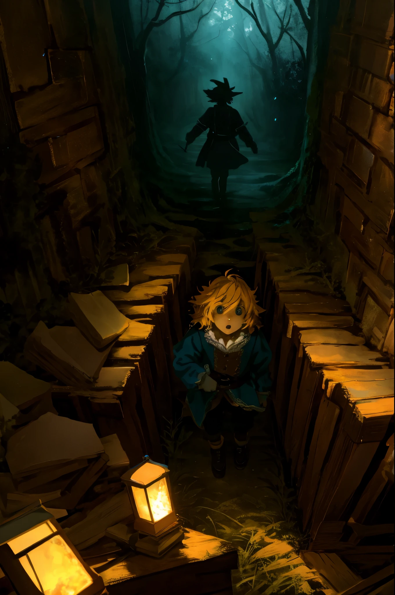 cover page, highres, paid reward available, unparalleled masterpiece, terrifying tale, Hansel and Gretel perfect anatomy, good lighting, volumetric lighting, cinematic shadow,