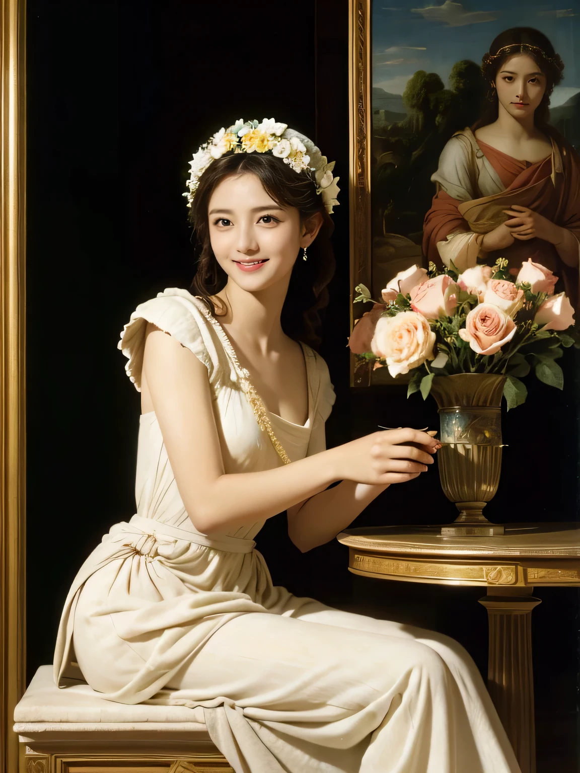 Raffaello Santi painting style,Arguments of two female 、roses in vase、fruits、Cute trinkets、smile、ancient greek costume、Woman standing on ancient Roman ruins ,A big smileare skin,