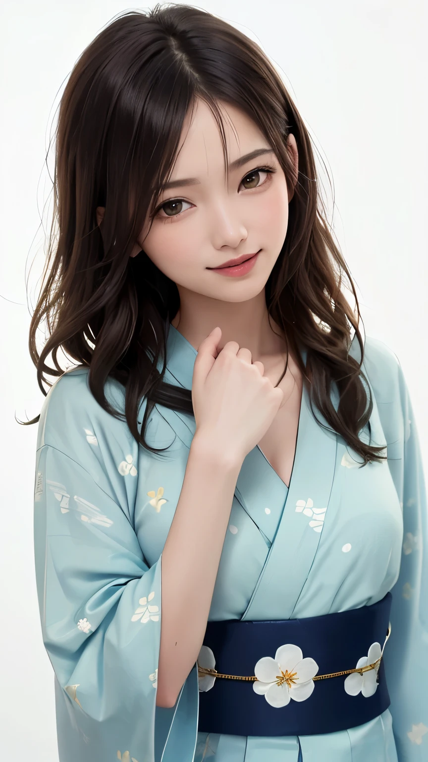 (highest quality、8k、32K、masterpiece、nffsw:1.2)、(RAW photo)、(realistic)、(Photoreal:1.2)、(High resolution)、Super detailed、very beautiful face and eyes、1 girl、round and small face、thin waist、delicate body、(close、highest quality、high detail、rich skin details)、(highest quality、8k、oil paint:1.2)、Super detailed、(realistic、realistic:1.37)、(((white background)))、((long hair))、(((pure white wall background)))、(((wearing a green yukata)))、(((pure white wall background)))、(((Yukata with star pattern)))、(((star pattern yukata)))、(((Loose and fluffy permed hair)))、(((laughing)))、(((touch your cheek with your hand)))、