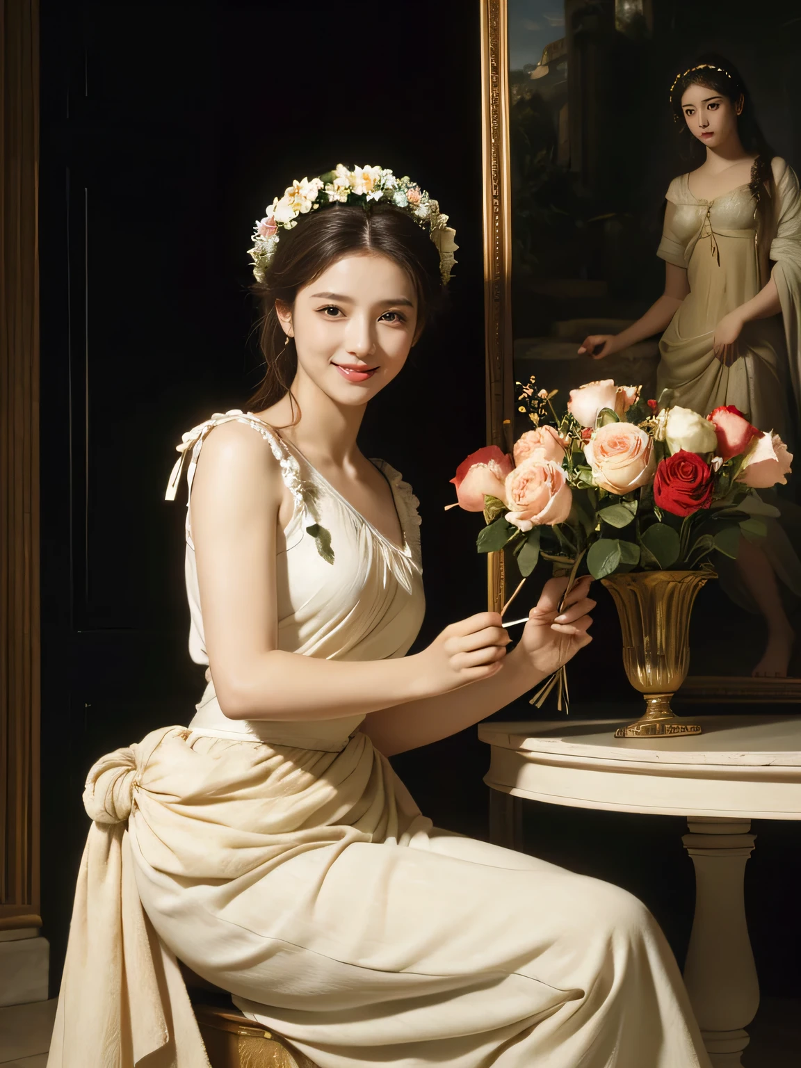 Raffaello Santi painting style,Arguments of two female 、roses in vase、fruits、Cute trinkets、smile、ancient greek costume、Woman standing on ancient Roman ruins ,A big smileare skin,
