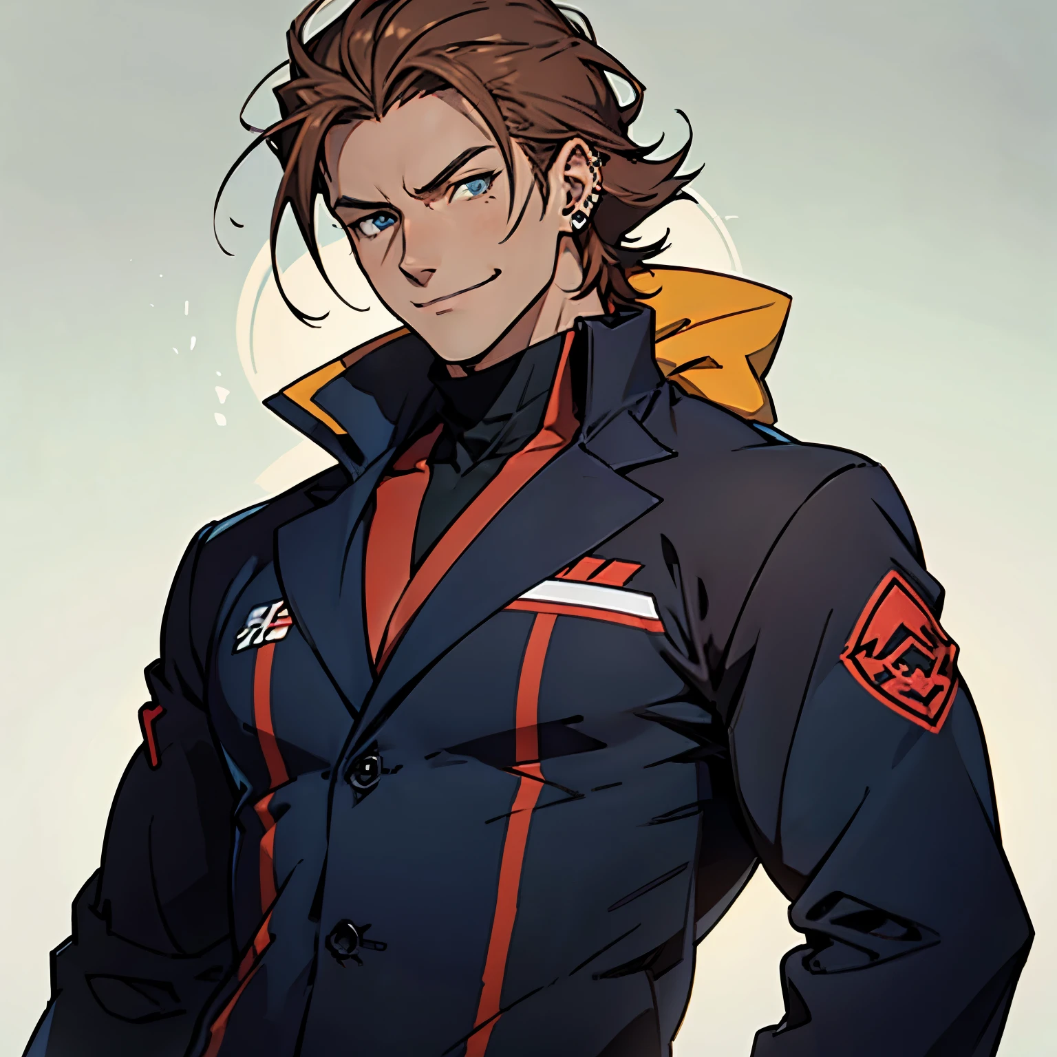 best quality,ultra-detailed ,one youth male,faded color,muscular body,brown haircolor, grinning,piercing blue eyes,athletic build,confident expression,black business suit,standing tall, flat anime-style shading, vector-shaded anime, natural anime face, subtle anime style,scientific research institute background.