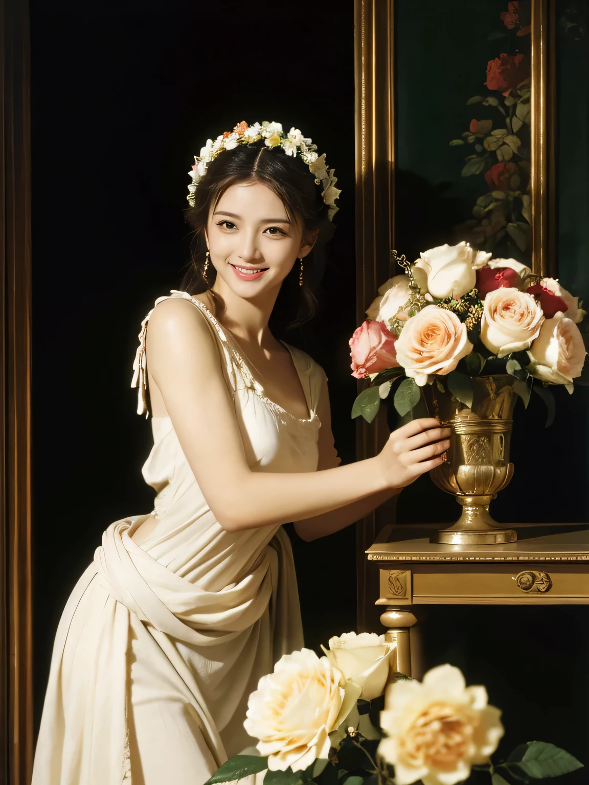 Raffaello Santi painting style,Arguments of two female 、roses in vase、fruits、Cute trinkets、smile、ancient greek costume、Woman standing on ancient Roman ruins ,A big smileare skin,