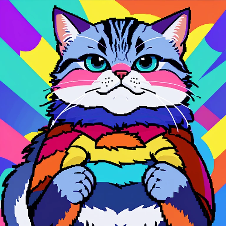Pixel art，Cat，anger，the background is magnificent，Colorful fur，bold color pattern，One animal，Pop design，future map