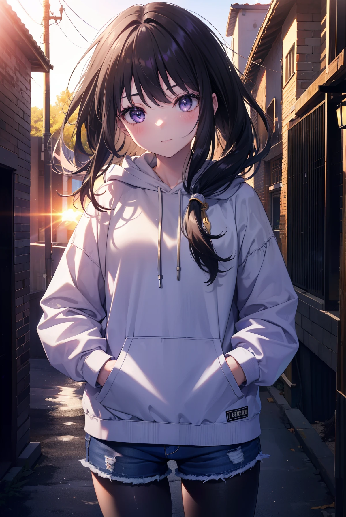 Takiuchi Kame, check it out, long hair, bangs, black hair, (purple eyes:1.2),blush,smile,happy atmosphere,Blue hoodie,hood up,Short denim pants with the back hair tucked into the hood,black pantyhose,short boots,evening,sunset,the sun is setting,Both hands are in the pockets of the hoodie,
break outdoors, In town,building street,
break looking at viewer, (cowboy shot:1.5),
break (masterpiece:1.2), highest quality, High resolution, unity 8k wallpaper, (figure:0.8), (detailed and beautiful eyes:1.6), highly detailed face, perfect lighting, Very detailed CG, (perfect hands, perfect anatomy),