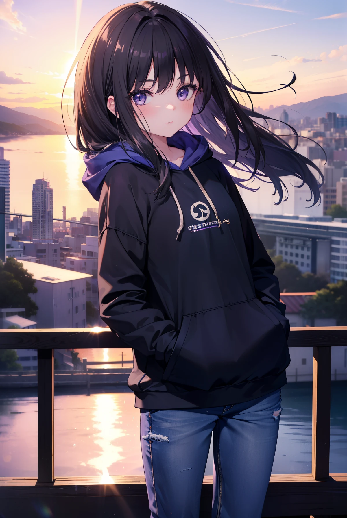 Takiuchi Kame, check it out, long hair, bangs, black hair, (purple eyes:1.2),blush,smile,happy atmosphere,Blue hoodie,hood up,Short denim pants with the back hair tucked into the hood,black pantyhose,short boots,evening,sunset,the sun is setting,Both hands are in the pockets of the hoodie,
break outdoors, In town,building street,
break looking at viewer, (cowboy shot:1.5),
break (masterpiece:1.2), highest quality, High resolution, unity 8k wallpaper, (figure:0.8), (detailed and beautiful eyes:1.6), highly detailed face, perfect lighting, Very detailed CG, (perfect hands, perfect anatomy),