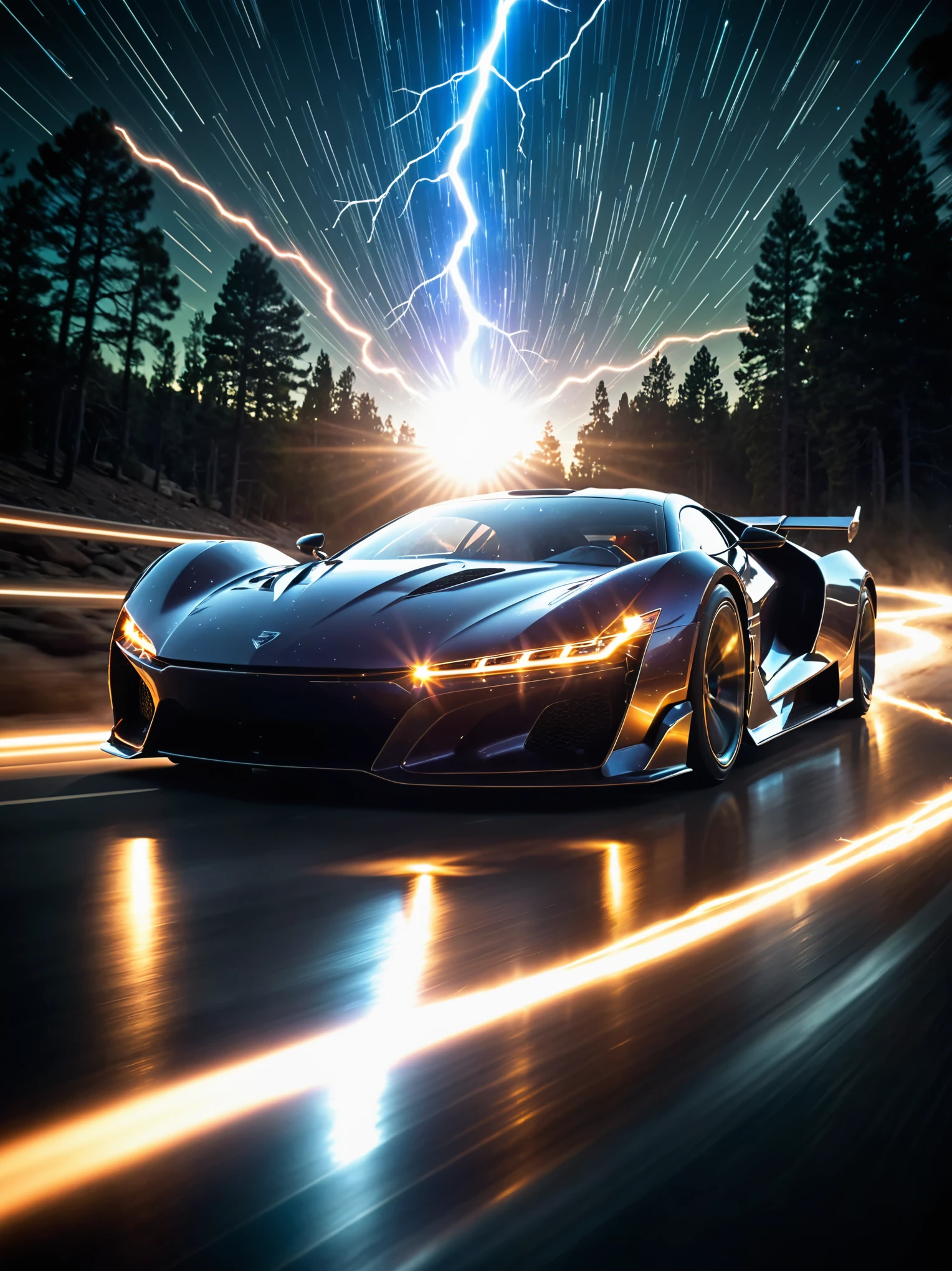 a sci-fi sportscar passing by, light speed, flash, motion trail, a shining star(sun) in the background, motion blur, epic visual effects, interstellar, flow, detailed, scifi, star blast, dark vibrant colors, cosmic art, stars in background, cinematic scene, lens flare, god rays, glow, art of Doug Chiang and John Park glowneon, glowing, sparks, lightning, ultra detailed dramatic lighting