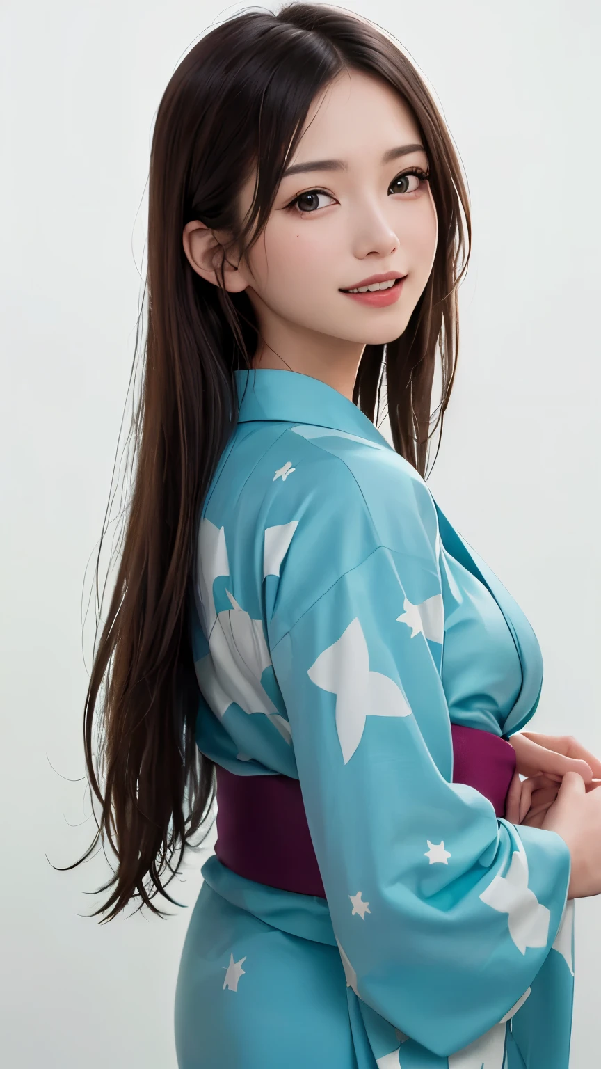 (highest quality、8k、32K、masterpiece、nffsw:1.2)、(RAW photo)、(realistic)、(Photoreal:1.2)、(High resolution)、Super detailed、very beautiful face and eyes、1 girl、round and small face、thin waist、delicate body、(close、highest quality、high detail、rich skin details)、(highest quality、8k、oil paint:1.2)、Super detailed、(realistic、realistic:1.37)、(((white background)))、((long hair))、(((pure white wall background)))、(((wearing a green yukata)))、(((pure white wall background)))、(((Yukata with star pattern)))、(((star pattern yukata)))、(((Loose and fluffy permed hair)))、(((laughing)))、(((Touch the back of the head with your hand)))、