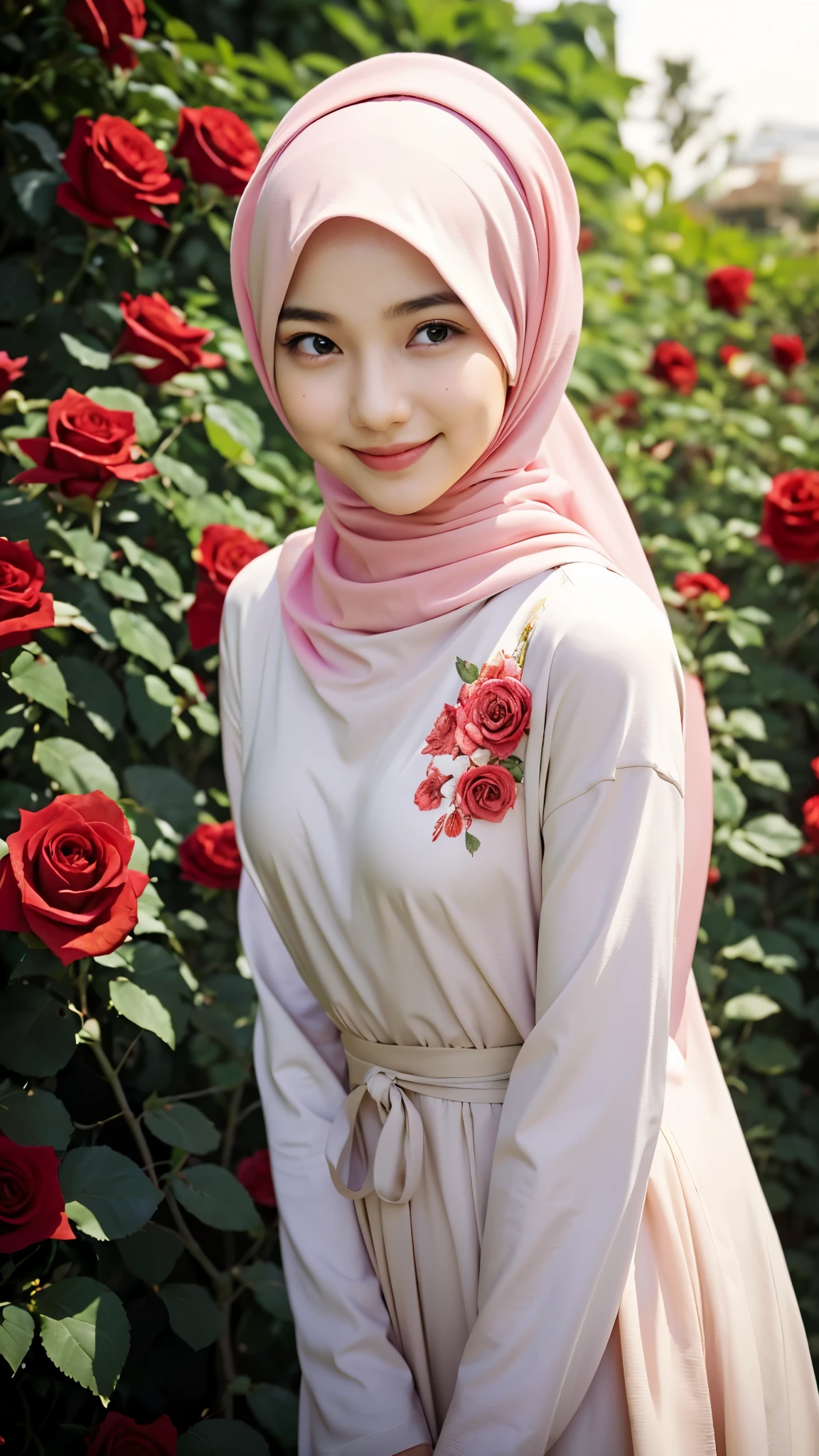((best quality)), ((masterpiece)), perfect face, playing on the garden, indonesia, hijab, sharp nose, smile, half body, holfing a rose, bright color clothes