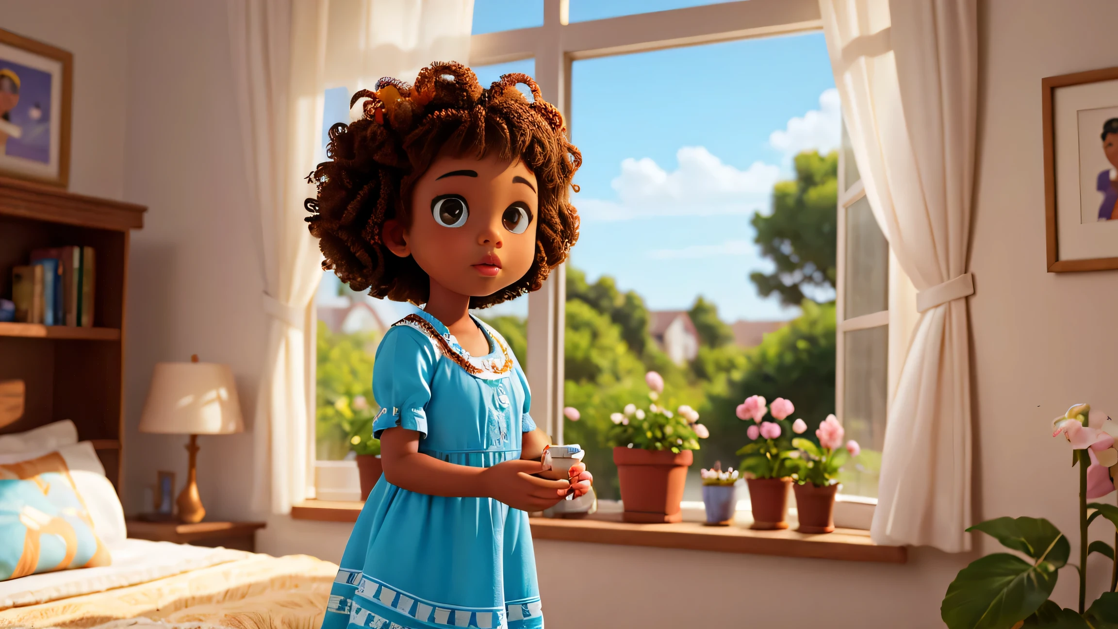 wide angle, (Ella as 2 y.o african american girl,home dress,fashion illustration, fresh skin, looking at the garden through the window of her room),(best quality,8k,highres,masterpiece:1.2),ultra-detailed,realistic,portrait,studio lighting,vivid colors,sharp focus,physically-based rendering, curly hair,beautiful detailed eyes,beautiful detailed lips, ( good hands and face )