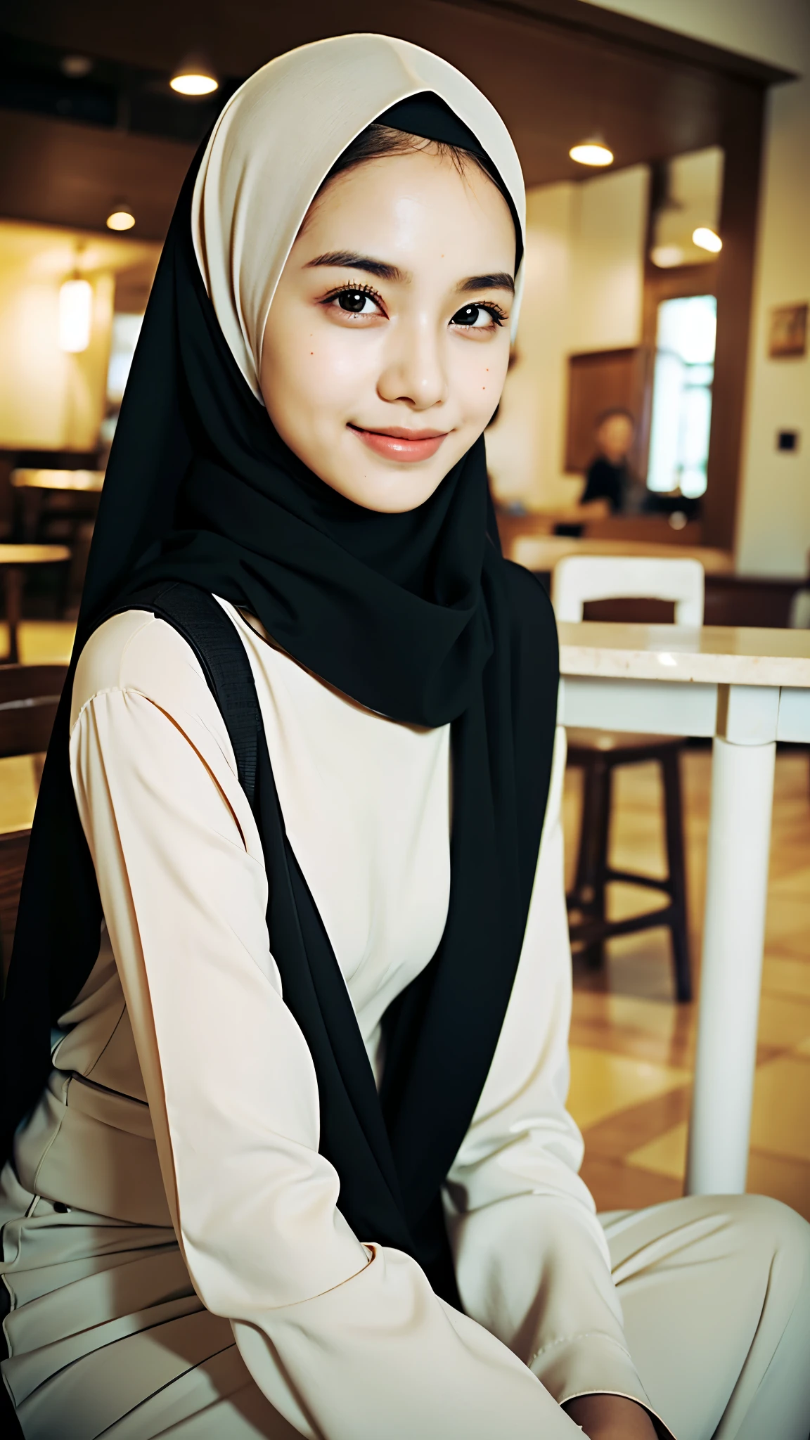((best quality)), ((masterpiece)), perfect face, sits in cafe, indonesia, hijab, sharp nose, smile, half body