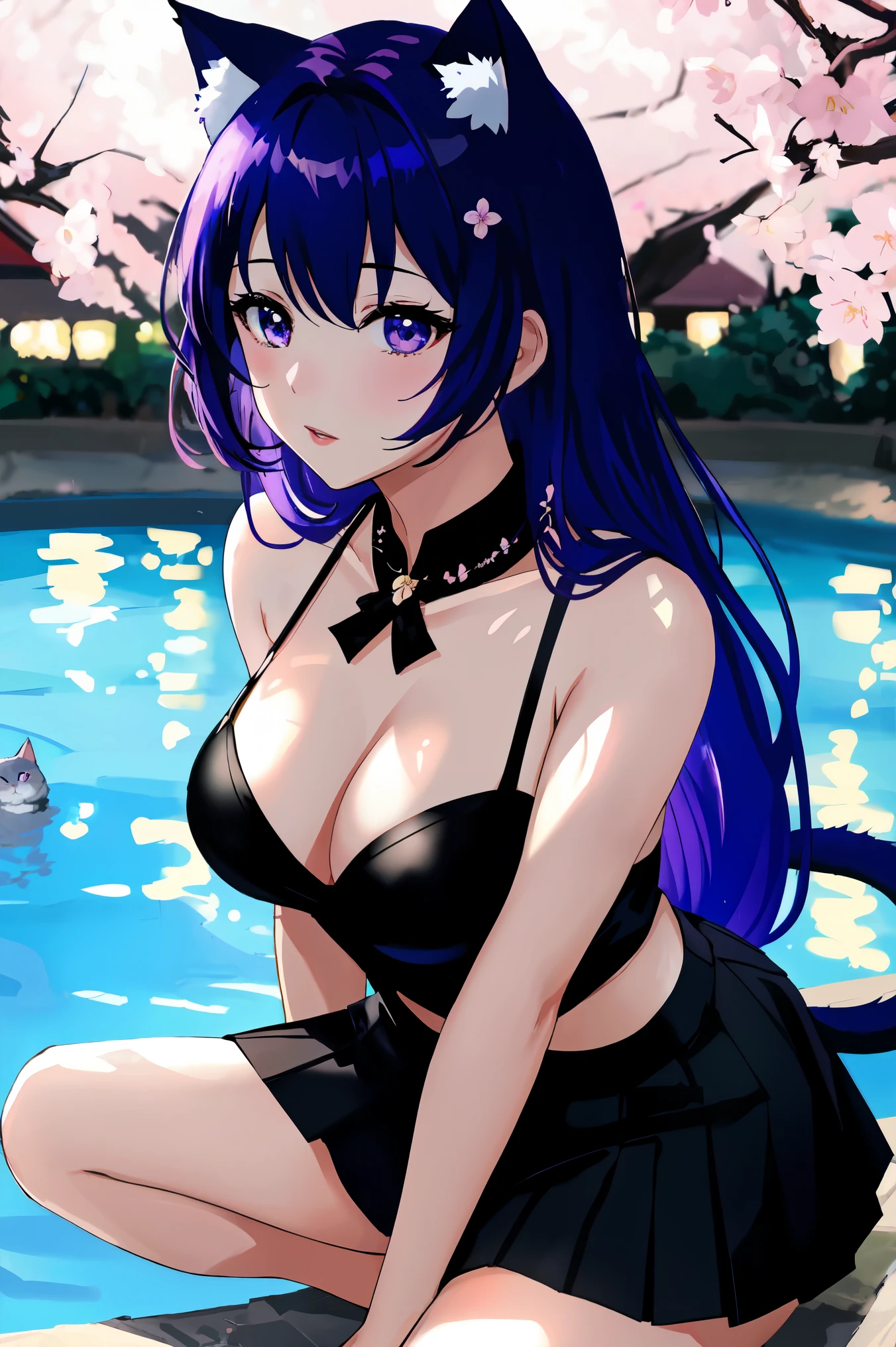 anime、1 female、bottom angle、whole body、semi-long、shiny blue and purple hair、Cat ear、curly hair、black eye、dense lips、well-groomed face、black dresini skirt、cherry blossoms、cherry blossoms吹雪、Kyoto cityscape、garden、pool、night、full moon、masterpiece、ultra high resolution、delicate、16k、perfect lighting