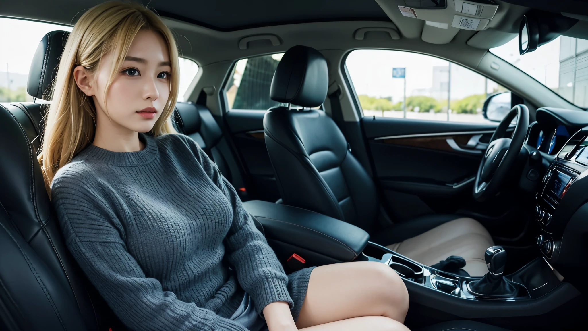 Japanese、1 woman、male perspective、blonde、gal、big breasts、wearing knitwear、sitting in the passenger seat of a car