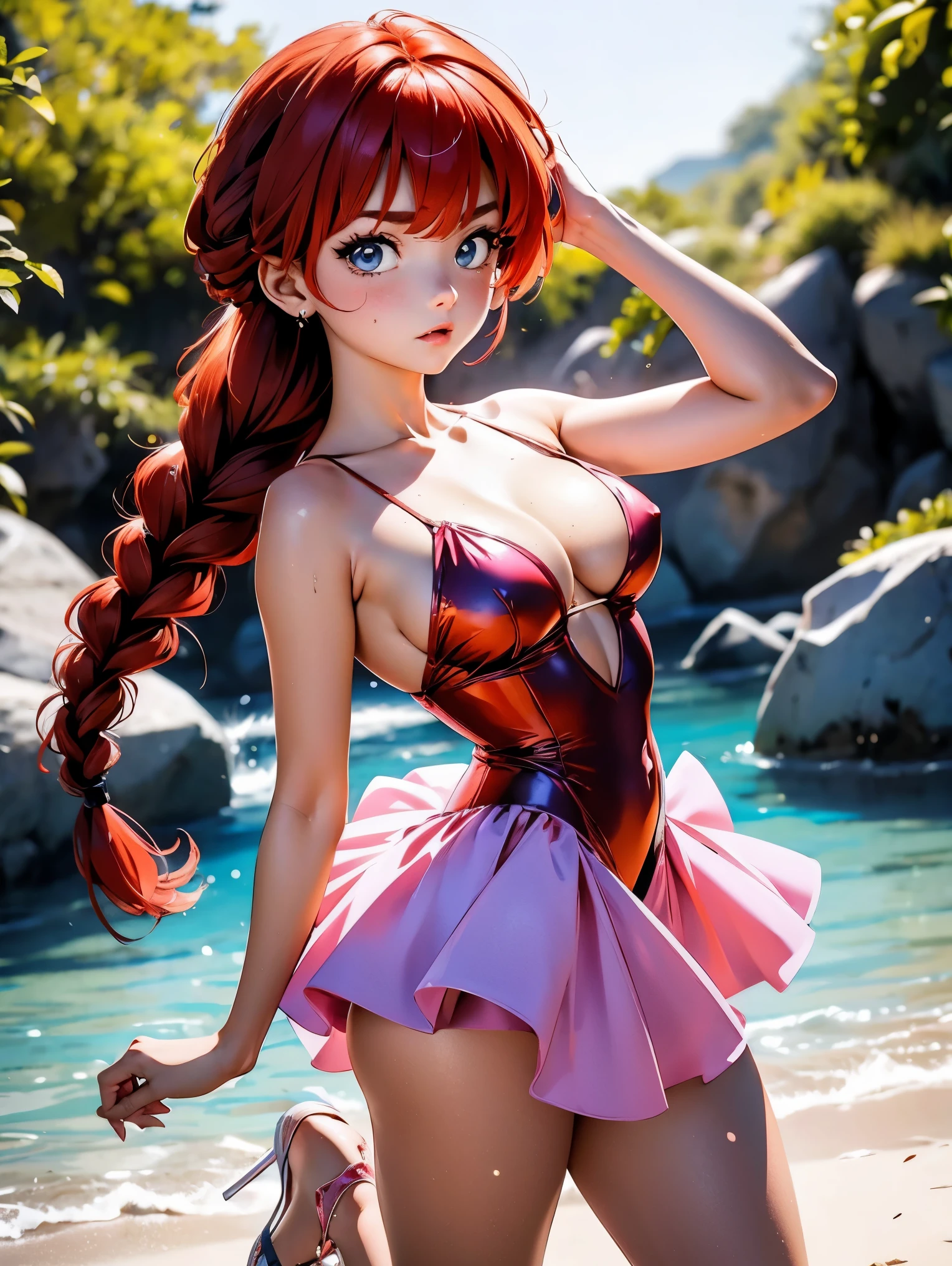 Garota anime ruiva com vestido longo pink com desenho de rosas casamento, saia, , corpo bonito, seios grandes, with hands behind head, running your hands through your hair, Garota sexy, red hair with braid , beautiful lighting, sombras suaves, olhos azuis, pernas bonitas, hair with braid, estilo anime, Ranma Chan, Autora Rumiko Takahashi, Baseado em obra de Rumiko Takahashi, Anime Ranma 1/ 2, decote sexy, quadril robusto, corpo inteiro, corpo inteiro, busto grande, garota jovem com corpo belo e bonito, sandals on his feet, garota 16 anosbaixa estatura, usando vestido longo pink com desenhos de rosas, estampa florida, vestido com arte florida de rosas, garota anime, estilo anime, beautiful feet in sandals, 45° viewing angle, ao ar livre, vestido com estampa florida rosas, vestido estampado flor rosa, corpo inteiro, corpo completo