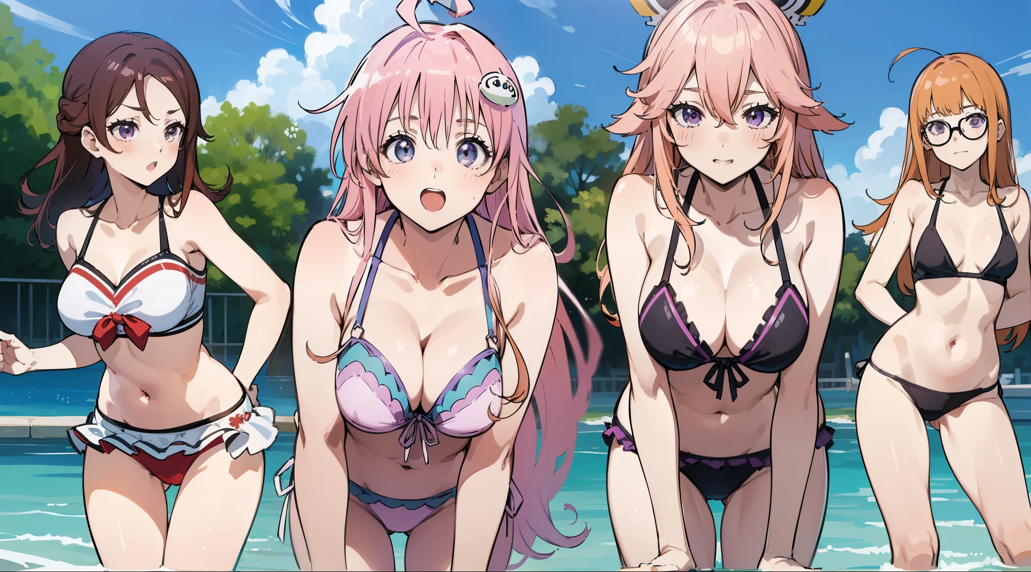 (Best Quality, 8K, 32K, masutepiece:1.2), maikurobikini , Leaning forward, High School Girls, futabasakura, futaba sakura, orange hair, glasses, long hair, (purple eyes:1.1), ahoge,