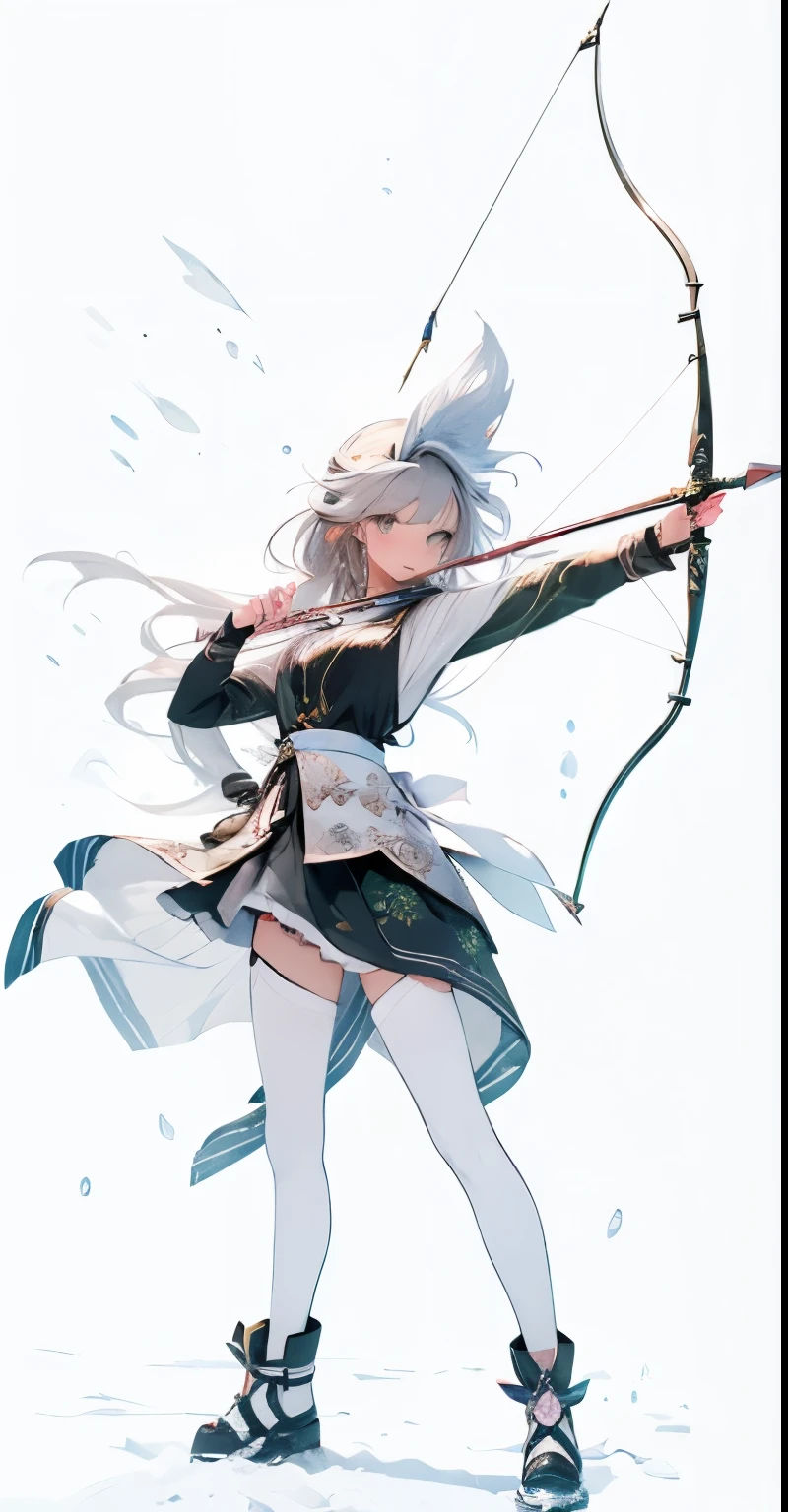 (masterpiece, best quality: 1.2), 1 girl, alone, animation art, (look directly) Face focus, best quality, Super detailed illustration of a woman drawing a bow with magic arrows, Beautiful and detailed eyes in the dreamy forest, silver hair, Dressed in sophisticated green and brown ranger costume, Very_rich_many_wavy_hair, looking at camera, Close-up face, (((Blushed in surprise))), Gorgeous and cute characters, Cherry tree, Moonlights, sakura flower, fly, river, bridge, Ye Yun, starry sky, windy, rustling leaves, anime style