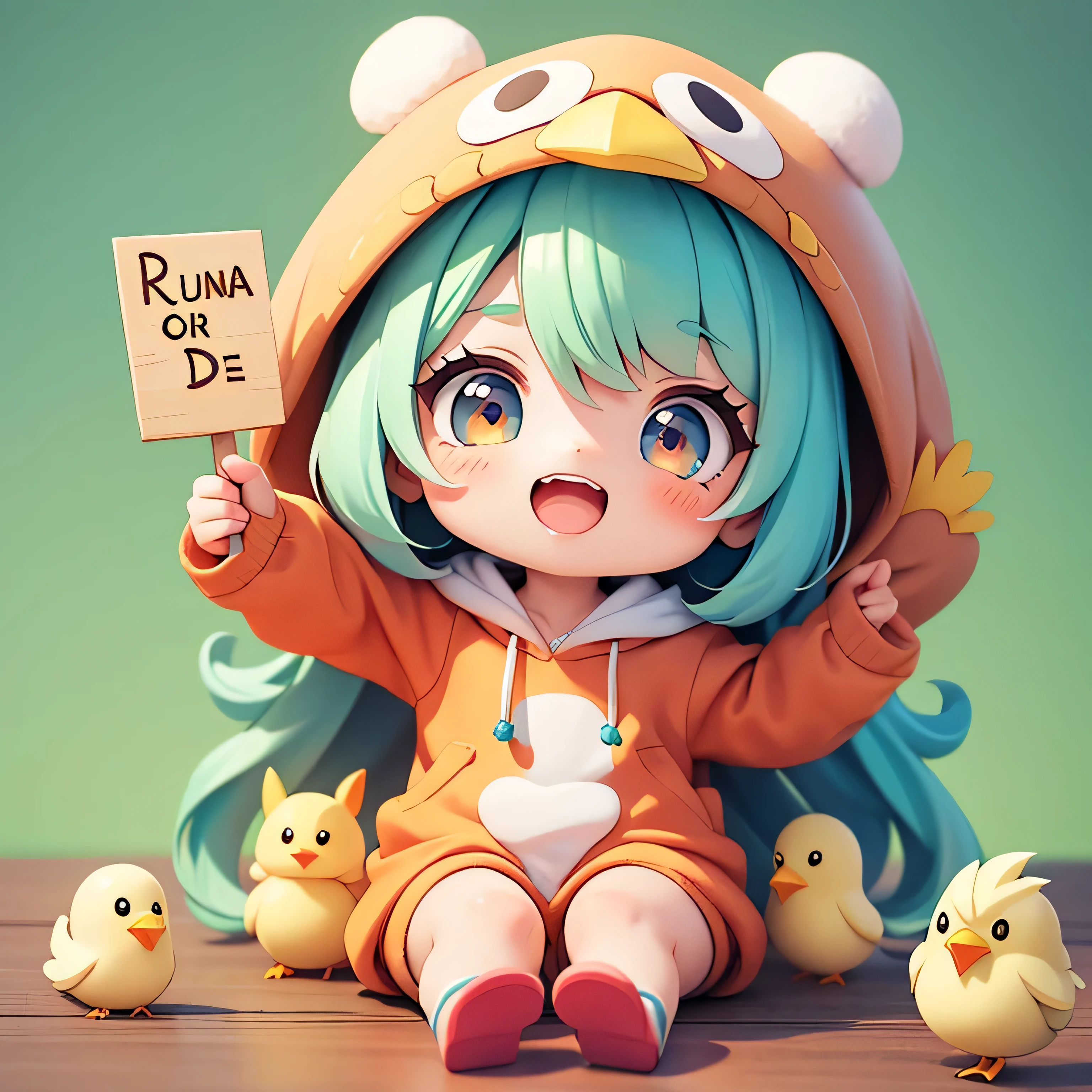 Cartoon holding up a sign saying love, cartoon girl in a chicken costume with a hat and a hand, cute character is sitting, kawaii cutest sticker ever, cute digital art, chibi girl, cute anime style, cute detailed digital art, anime chibi, cute anime girl, chibi anime girl, ruan cute vtuber, sticker illustration