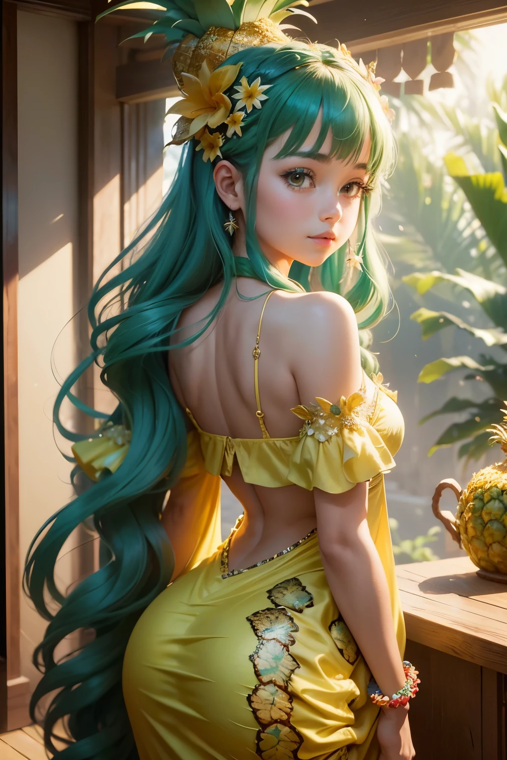 A stunningly beautiful girl, adorned in a pineapple costume that boasted intricate details and vibrant colors, her long hair cascading down her back in luscious waves. The pineapple suit was a hyperrealistic masterpiece, with every petal, spike, and texture rendered in exquisite detail. The 16k resolution brought out every facet of the girl's radiant smile and the shimmering luster of her pineapple getup. The scene was filled with a sense of whimsy and wonder, as if the girl had stepped out of a dreamy, tropical wonderland.