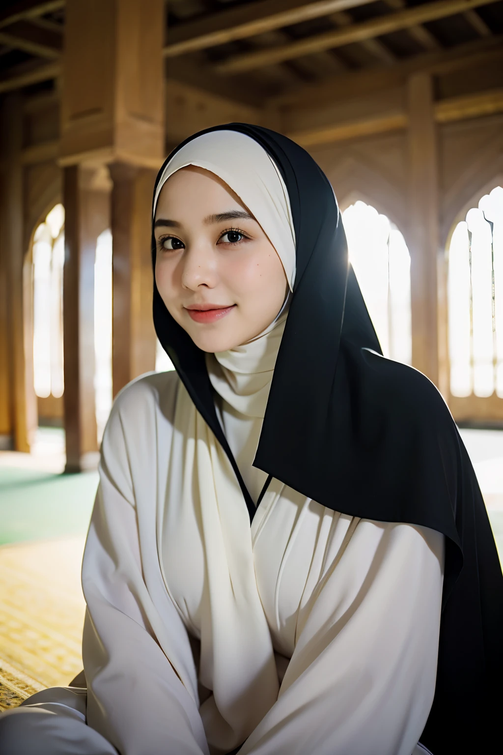 ((best quality)), ((masterpiece)), perfect face, sits in mosque, indonesia, hijab, sharp nose, smile, half body