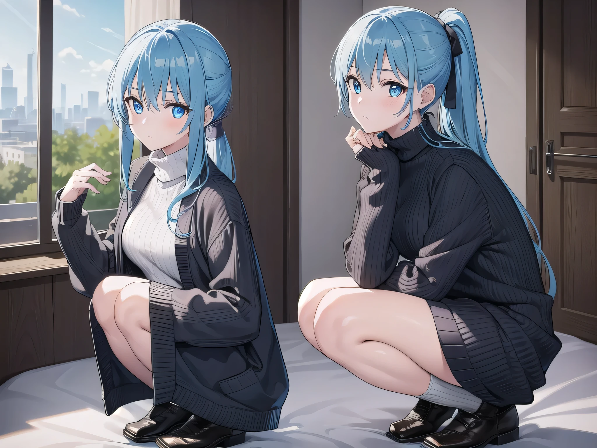 1 girl, squatting, long hair, bangs, blue eyes, hair between eyes, blue hair, ponytail, BREAK skirt, long sleeves, black skirt, sweater, turtleneck, ribbed sweater, white sweater, cardigan, blue cardigan, open cardigan, BREAK indoors, bed, BREAK looking at viewer, (cowboy shot:1.5), BREAK (masterpiece:1.2), best quality, high resolution, unity 8k wallpaper, (illustration:0.8), (beautiful detailed eyes:1.6), extremely detailed face, perfect lighting, extremely detailed CG, (perfect hands, perfect anatomy), full-body illustration
