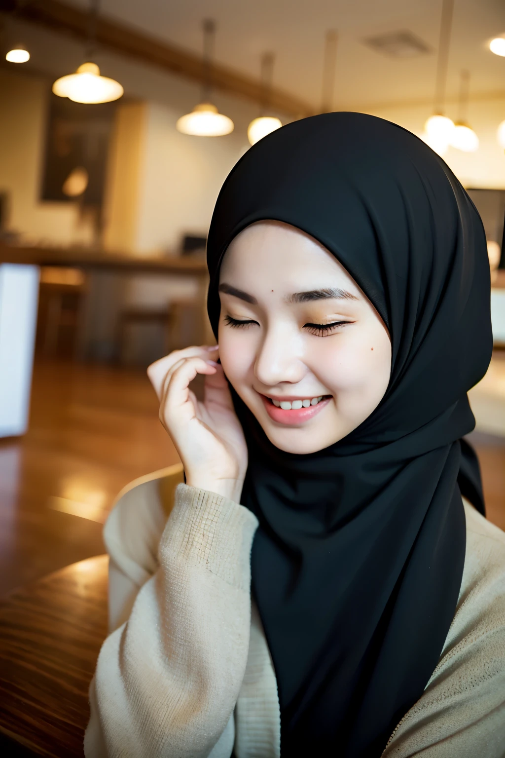 ((best quality)), ((masterpiece)), perfect face, cafe, indonesia, hijab, sharp nose, laughing, closed eyes, half body, class