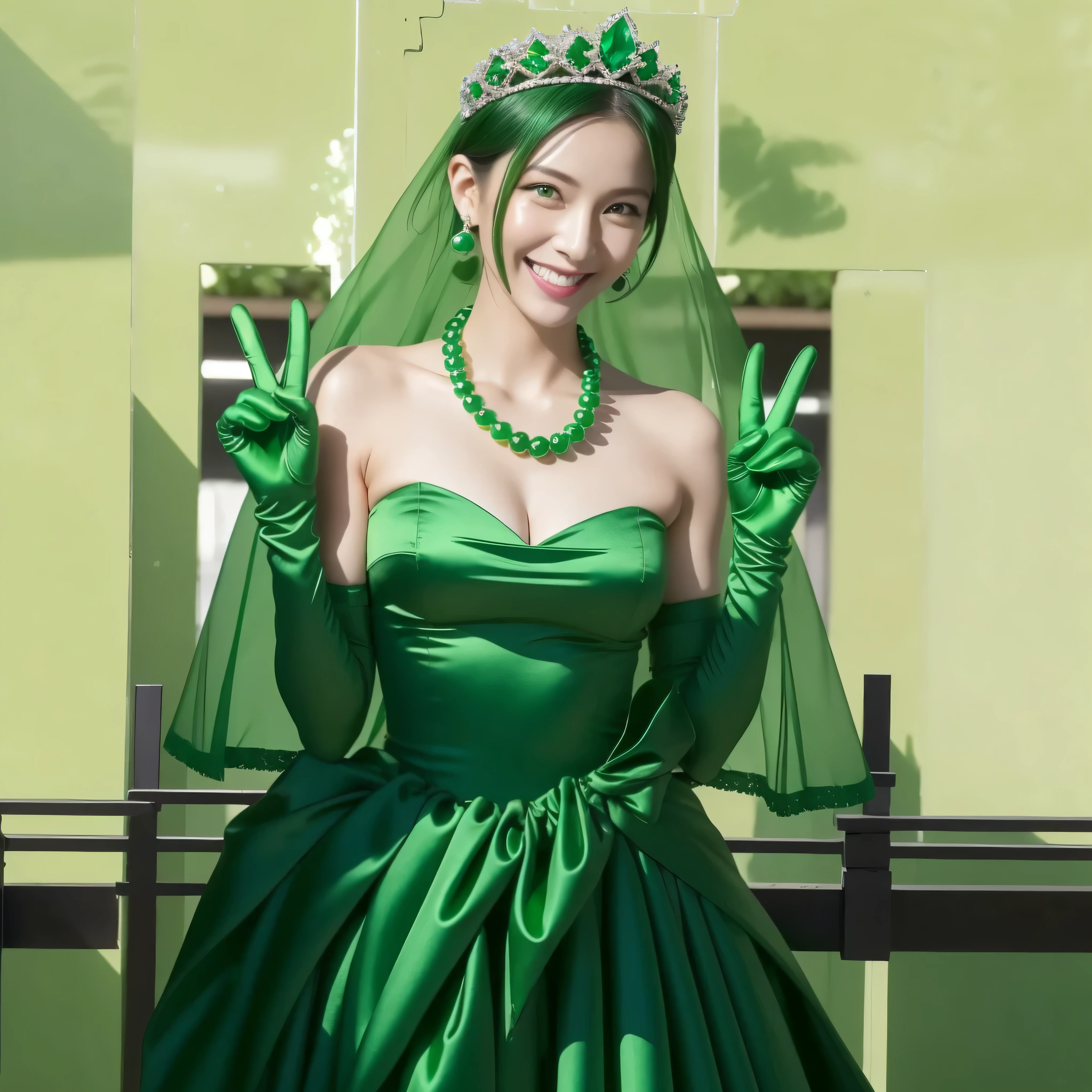 Beautiful Japan woman in her 30s, finger details, beautiful hands,emerald tiara, Green Pearl Necklace, Boyish green berry short hair, lipstick, smiling Japanese woman, very short hair, big breasts beautiful, green eyes, green satin long gloves, green eyes, emerald earrings, Green veil, v sign