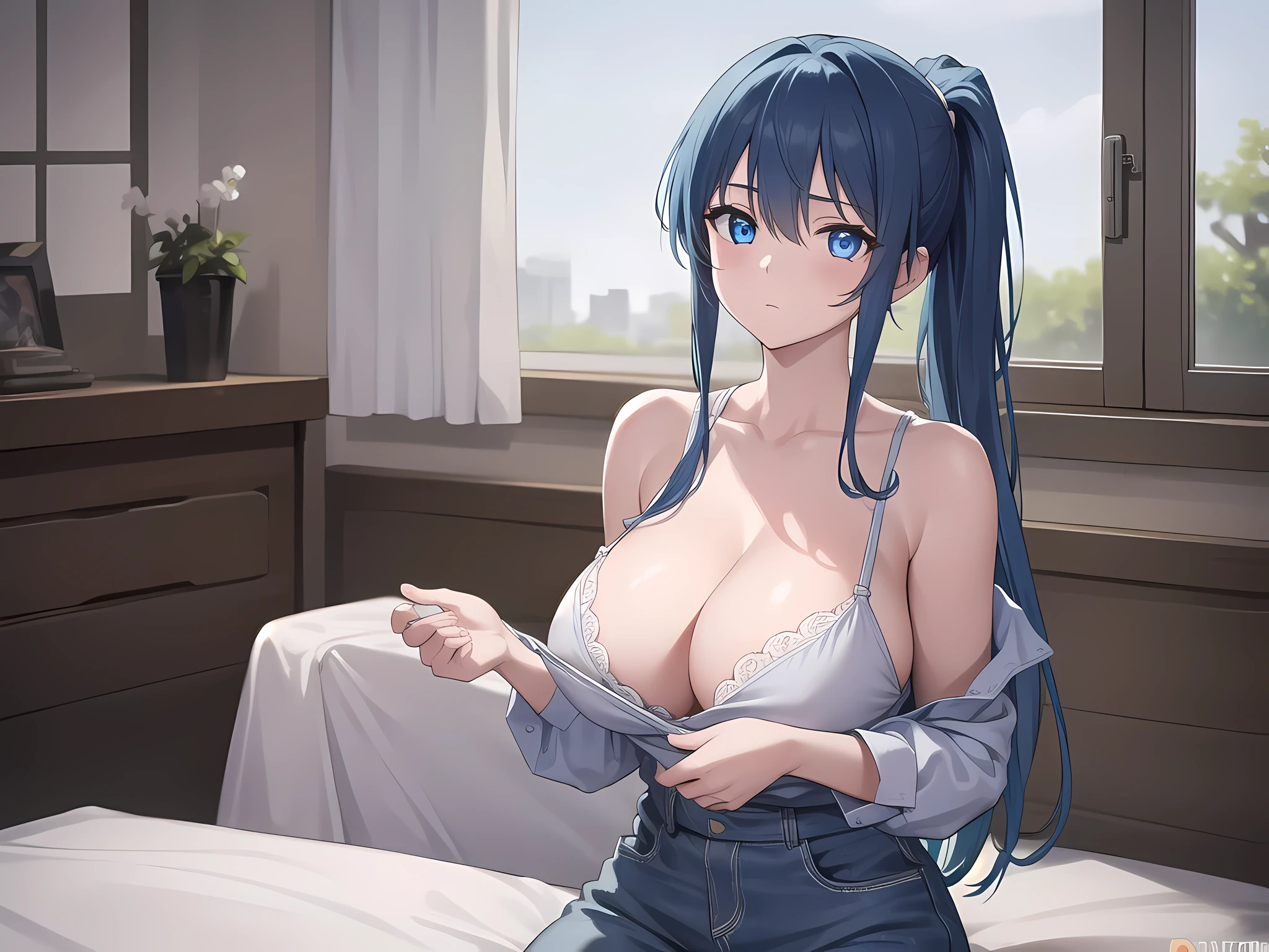 1 girl, squatting, long hair, bangs, blue eyes, hair between eyes, blue hair, ponytail, wearing sexy clothes, big breast, cleavage, BREAK indoors, bed, BREAK looking at viewer, (cowboy shot:1.5), BREAK (masterpiece:1.2), best quality, high resolution, unity 8k wallpaper, (illustration:0.8), (beautiful detailed eyes:1.6), extremely detailed face, perfect lighting, extremely detailed CG, (perfect hands, perfect anatomy), full-body illustration