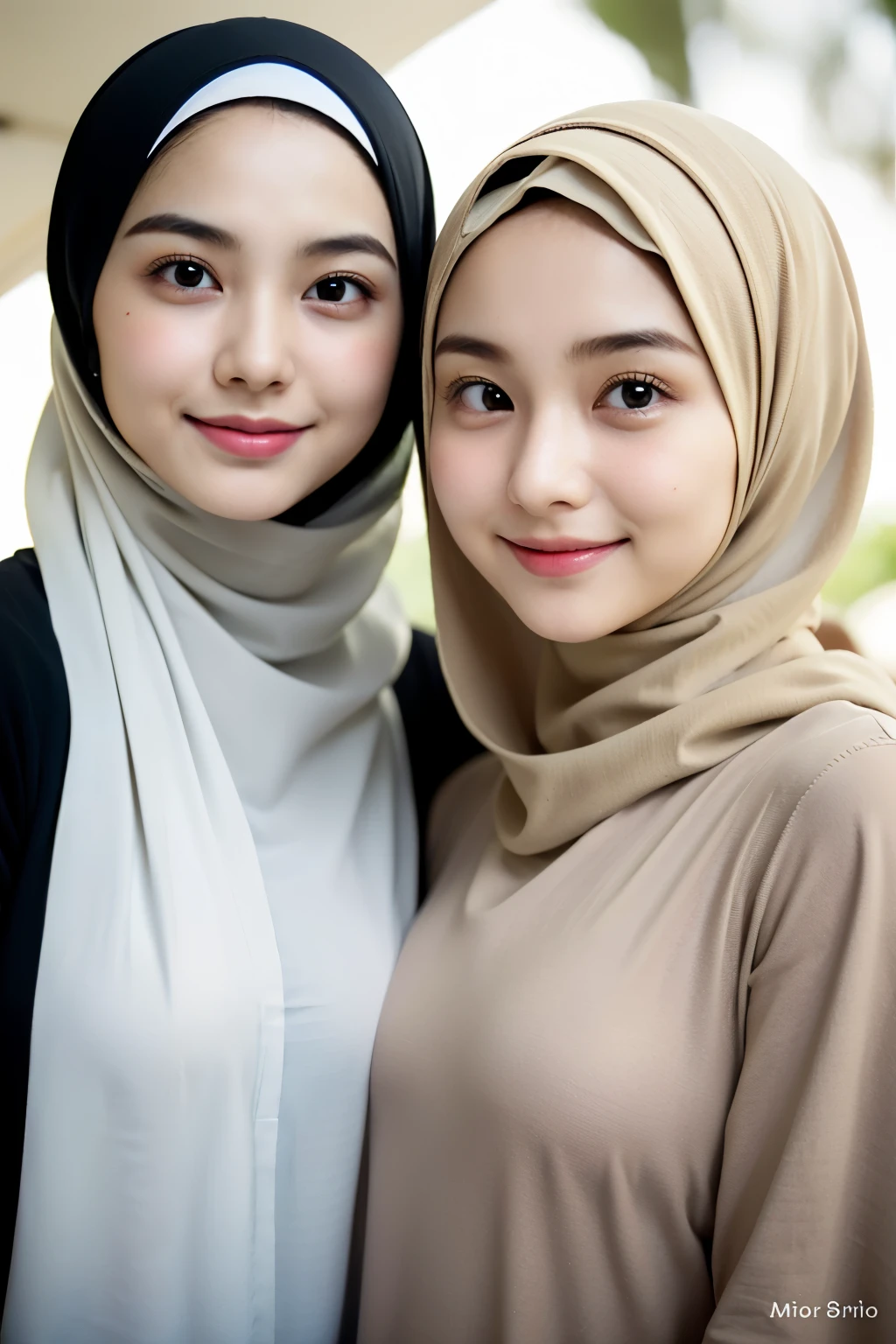 ((best quality)), ((masterpiece)), perfect face, home, indonesia, hijab, sharp nose, smile, couple girls