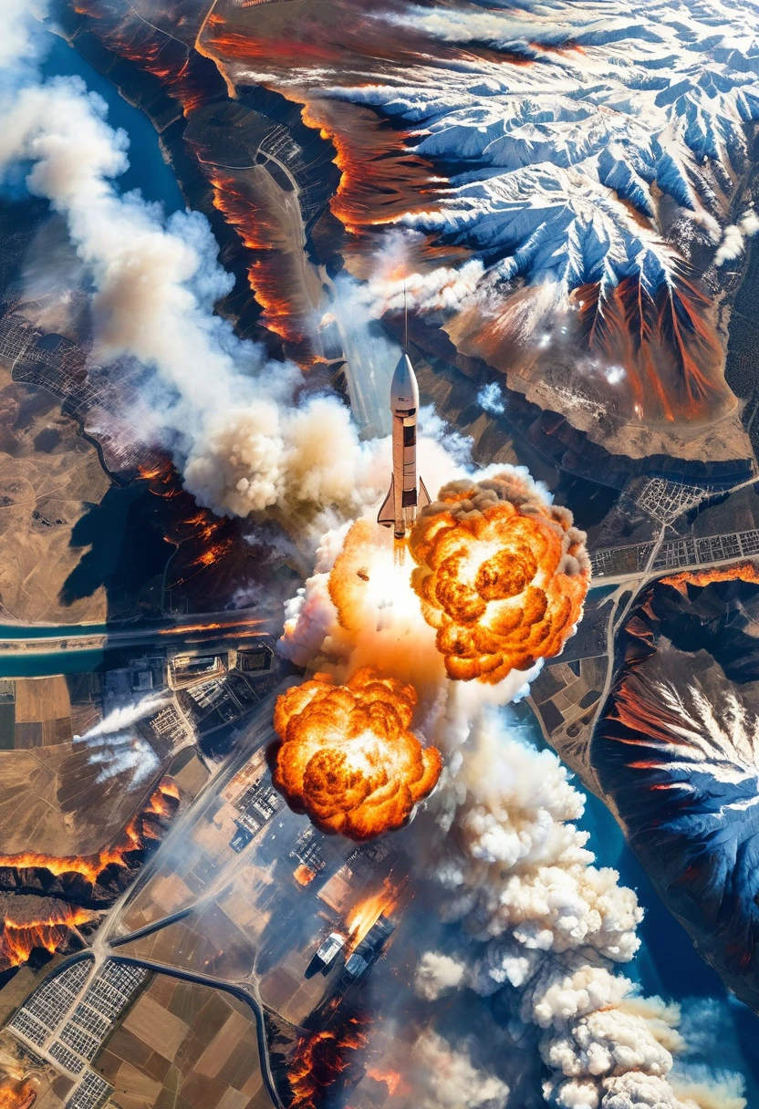 ((satellite image:1.5)),((aerial perspective:1.5)),From a spectacular space aerial perspective, a spacecraft is shooting towards the blue sky, while a massive explosion on the ground sends up flames and billowing smoke. This scene is filled with dynamism and power, showcasing human courage and determination to explore the universe. The trail left by the spacecraft contrasts sharply with the flames and smoke on the ground, enhancing the visual impact. The orange-red of the flames contrasts with the blue of the sky. The distant cities and mountains bear witness to this magnificent spectacle, adding layers and details to the composition.