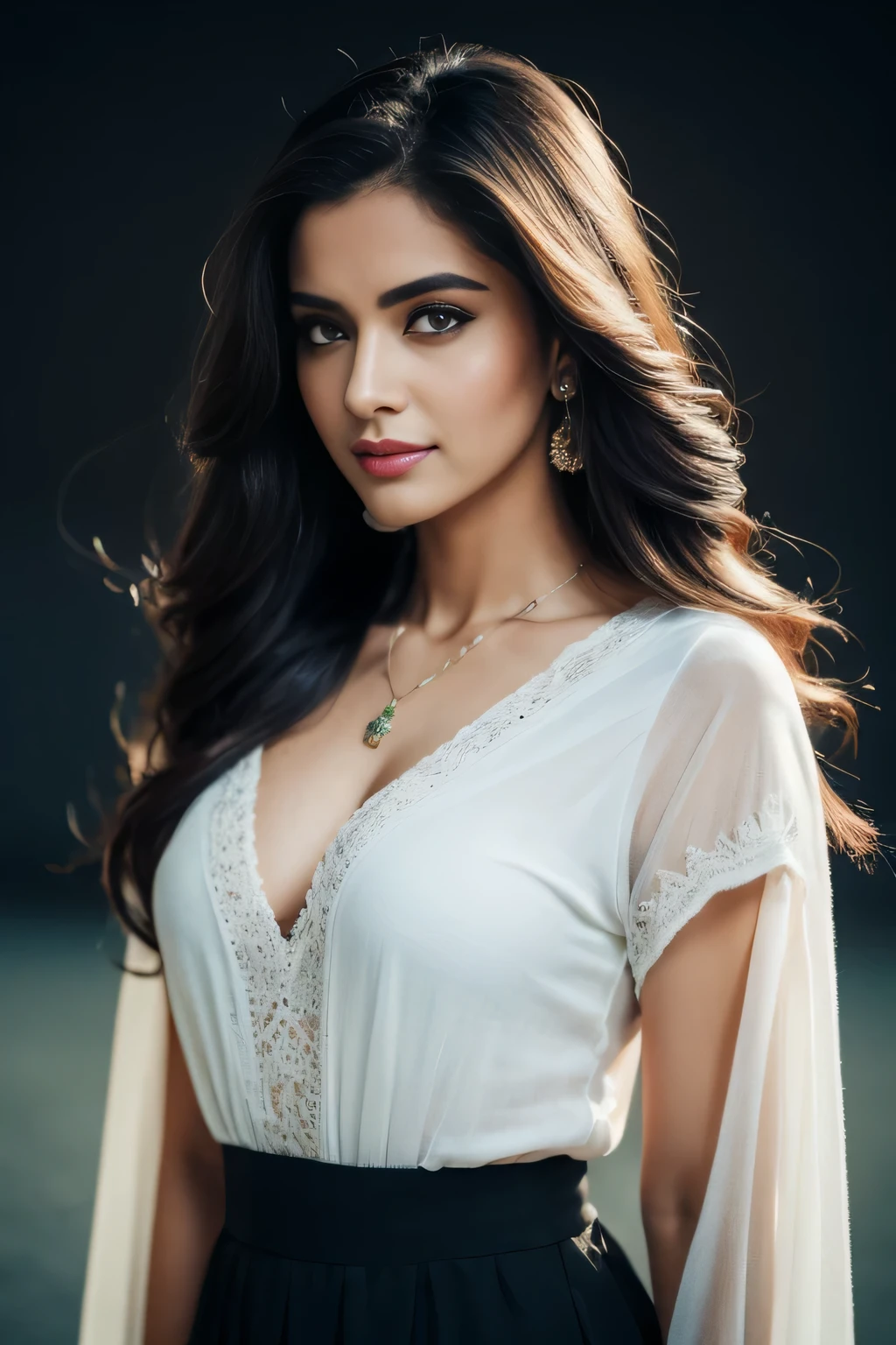 Portrait of A confident-looking Bangladesh  woman with flowing long and thick hair, hazel eyes, team India cricket tshirt, a smile on the face, royal and lusty look, red bindi, standing in cricket stadium, c-cup breast, perfect composition, hyperrealistic, super detailed, 8k, high quality, trending art, trending on artstation, sharp focus,  photo, intricate details, highly detailed, art by Greg Rutkowski
