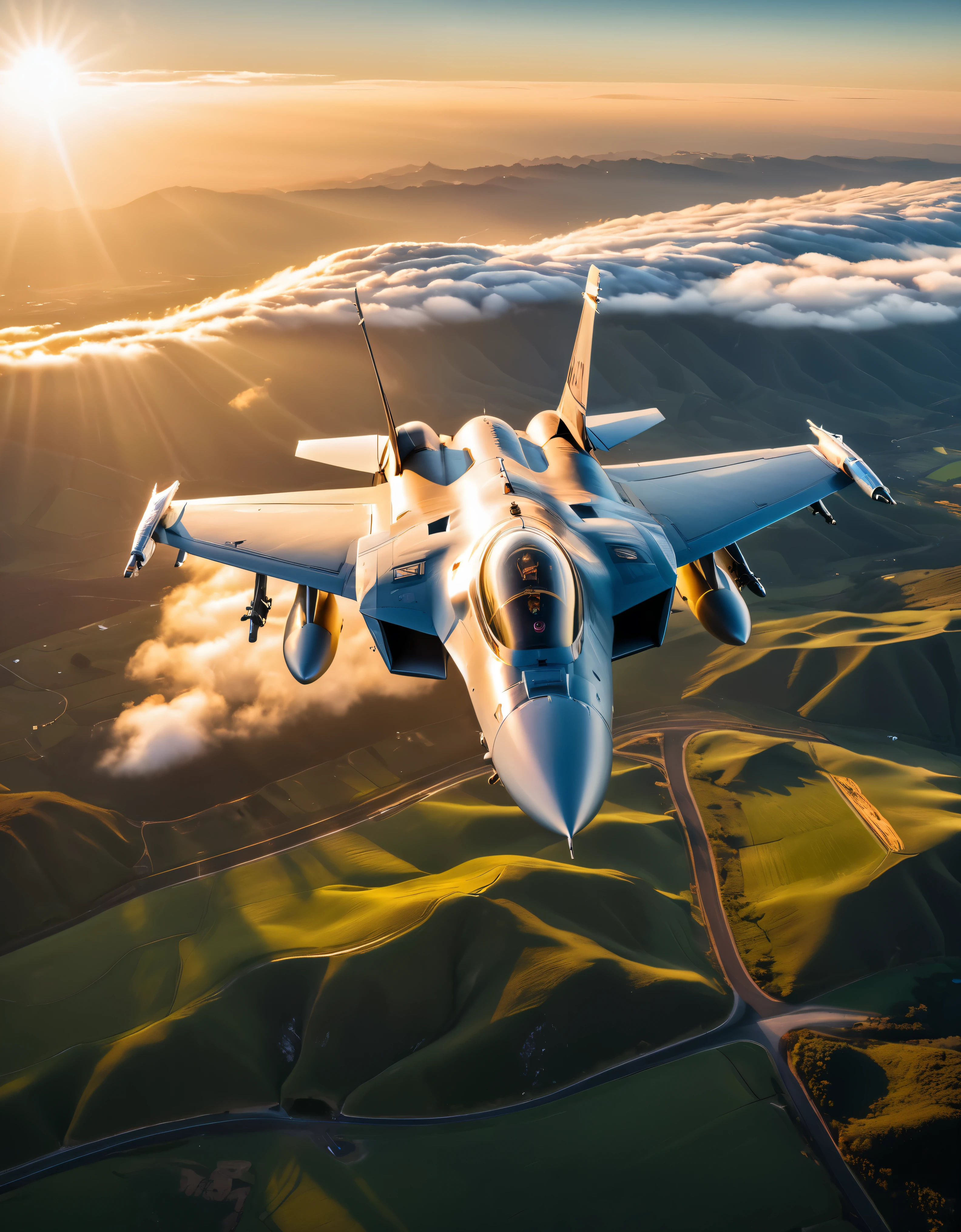 wide shot photo of Modern Fighter Jet, RAW, ((Fighter Jet):1.3), ((Majestic Decal):1.1), ((Tyndall Effect):1.2), ((Aerial view of the land beneath):1.5), ((Sunlight penetrating cloud)1.4), ((Golden Hour):1.2), (finely detailed airplane), (detailed airplane), (flying above landscape) (warm colors), breeze, breeze, reflection, (masterpiece), (perfect aspect ratio), (realistic photo), (best quality), (detailed) photographed on a Canon EOS R5, 50mm lens, F/2.8, HDR, (8k) (wallpaper) (cinematic lighting) (dramatic lighting) (sharp focus) (intricate).