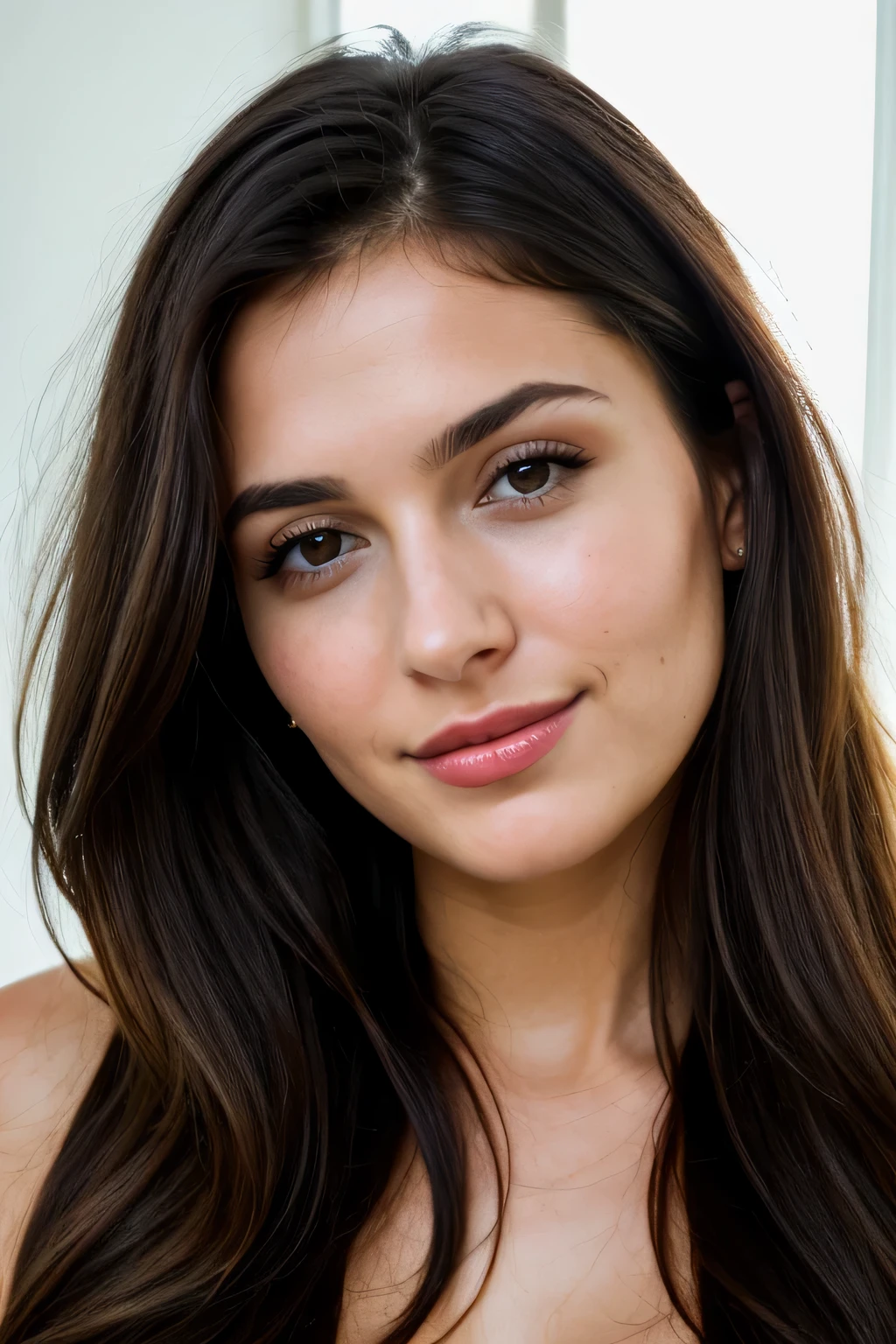 (best quality, highres, realistic), RAW photo, NSFW, portrait photo of beautiful 26 y.o brunette woman, cute face, detailed eyes and lips, wearing elegant transparent black dress with nipples showing, vibrant colors, natural lighting, soft shadows, cinematic shot, with a hint of sexual mystery, expressive emotions, seductive smile, striking composition, captivating gaze, flawless skin, glossy hair.