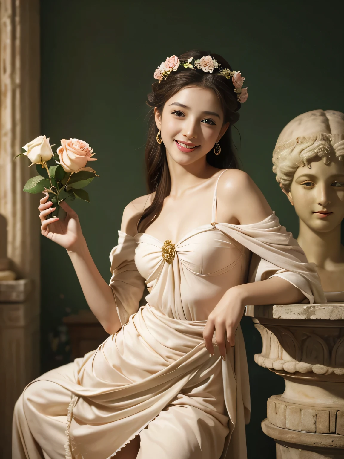 Raffaello Santi painting style,Arguments of two female 、roses in vase、fruits、Cute trinkets、smile、ancient greek costume、Woman standing on ancient Roman ruins ,A big smileare skin,