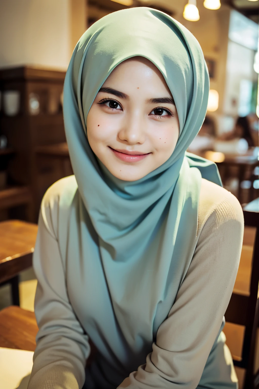 ((best quality)), ((masterpiece)), perfect face, sits in cafe, indonesia, hijab, sharp nose, smile