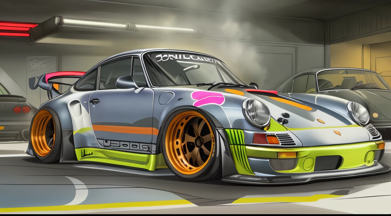 Porsche 911 rwb, wide body, sketch,
cartoonish, comic strip, Chip Foose car rendering, chrome wheels, bagged, slammed to the ground, empty parkinglot, style dessin manga, couleur